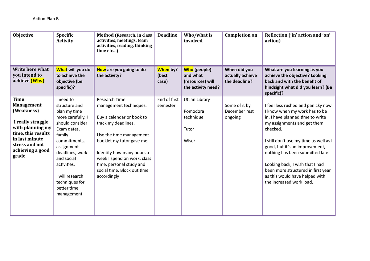 Example Action Plan Action Plan B Objective Specific Activity Method 