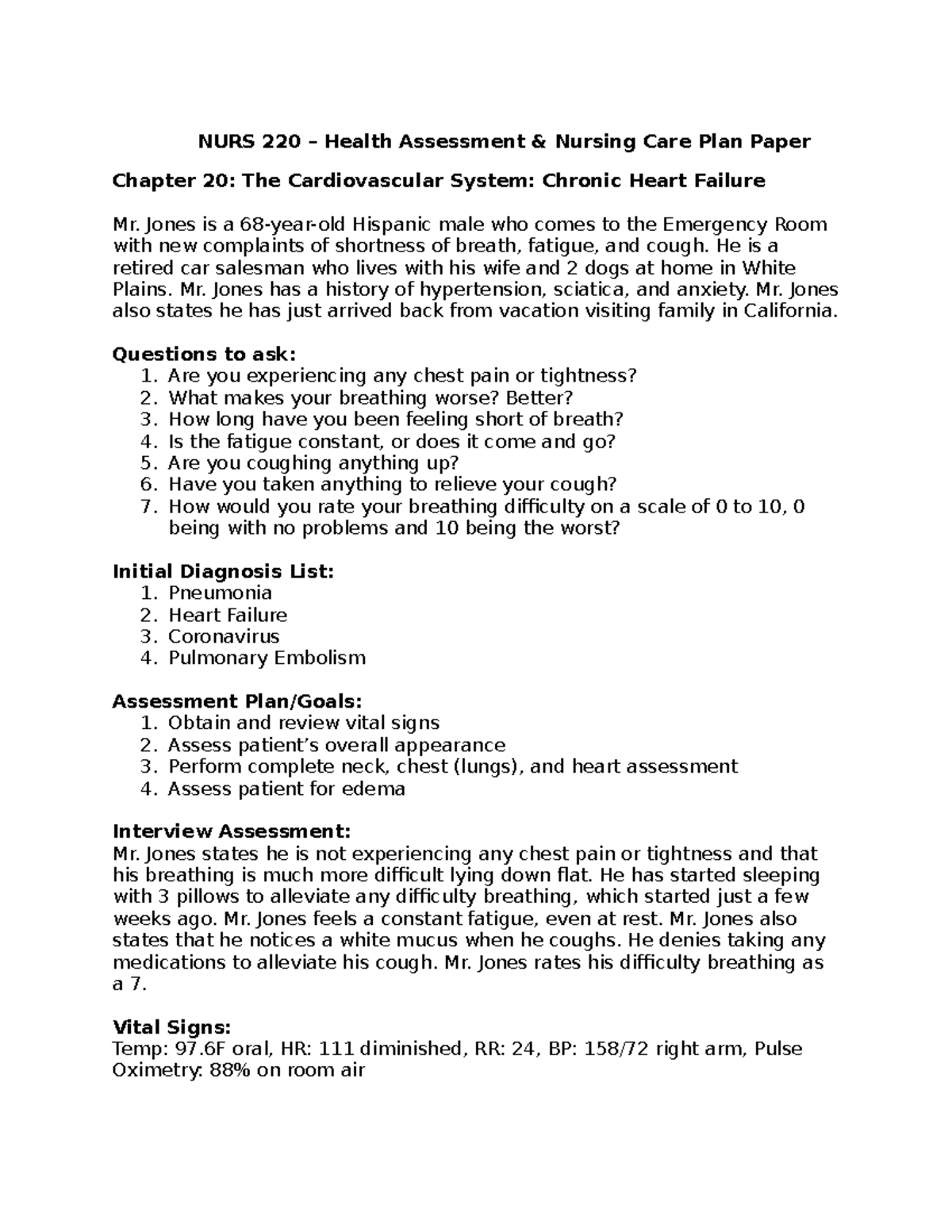 Sample Assessment Paper NURS 220 Health Assessment & Nursing Care