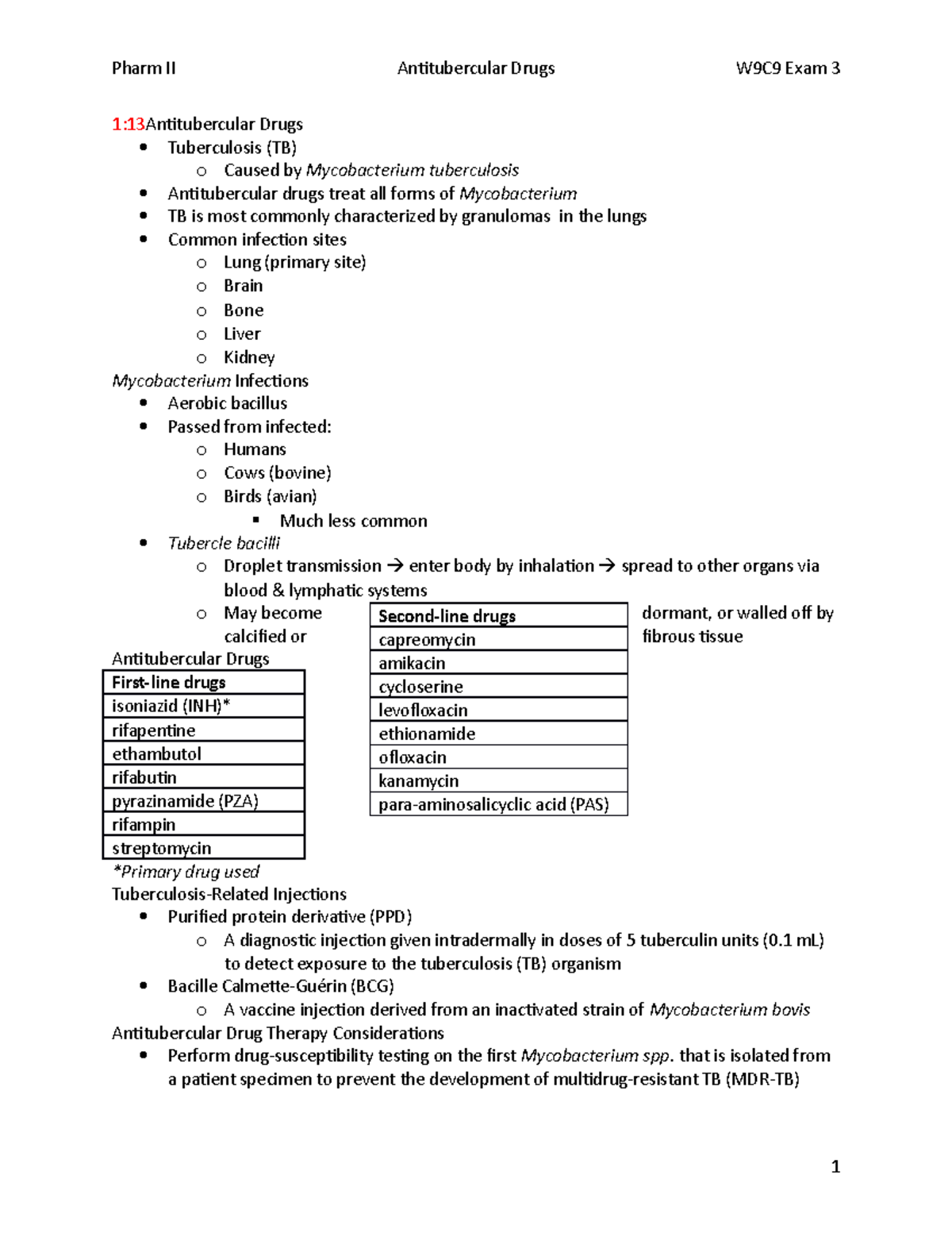 Anti TB Drugs - Lecture Notes 9 - Pharm II Antitubercular Drugs W9C9 ...