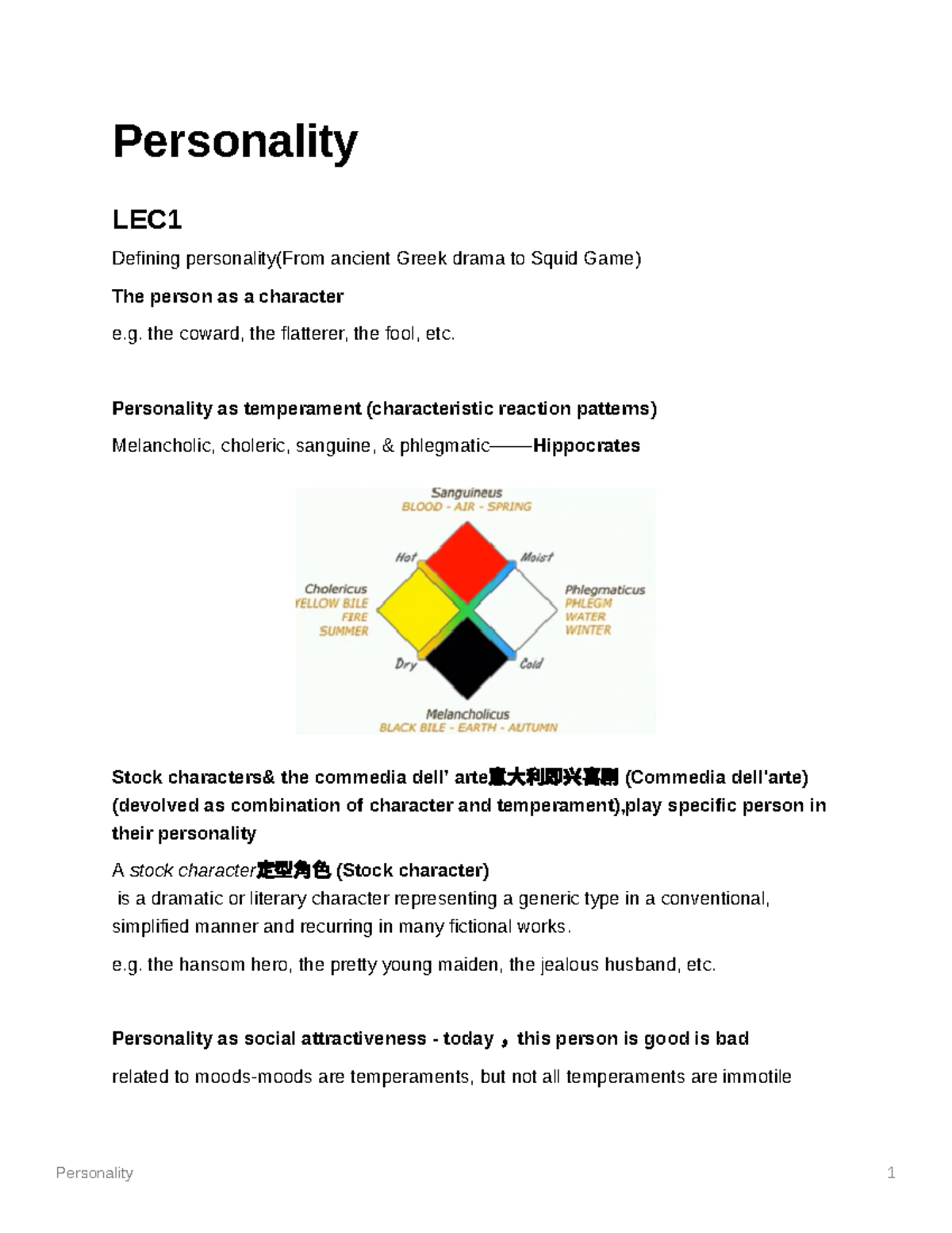 Personality - PSYC LECTURE NOTE - Personality LEC ####### Defining ...