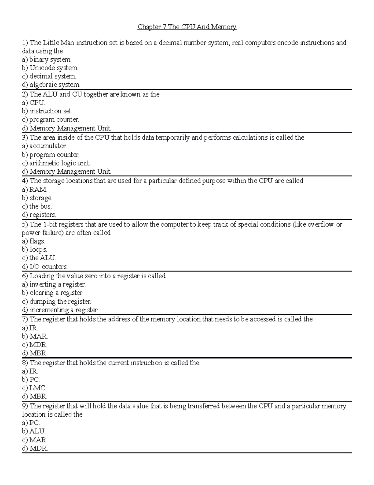 Ch07 - Ch07 Practice For Exam - Chapter 7 The CPU And Memory The Little ...