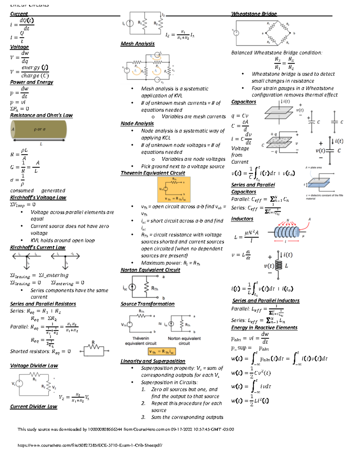 ECE 3710 Exam 1 cheat sheet - Linear Circuits _Current _ 𝗅 = 𝗅𝗄𝗆 𝗅𝗆 𝗃 ...