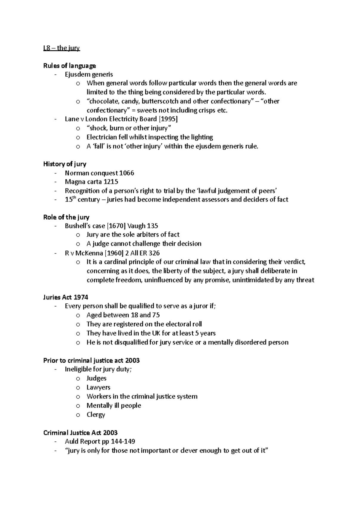 L8 - juries - l notes - L8 – the jury Rules of language - Ejusdem ...