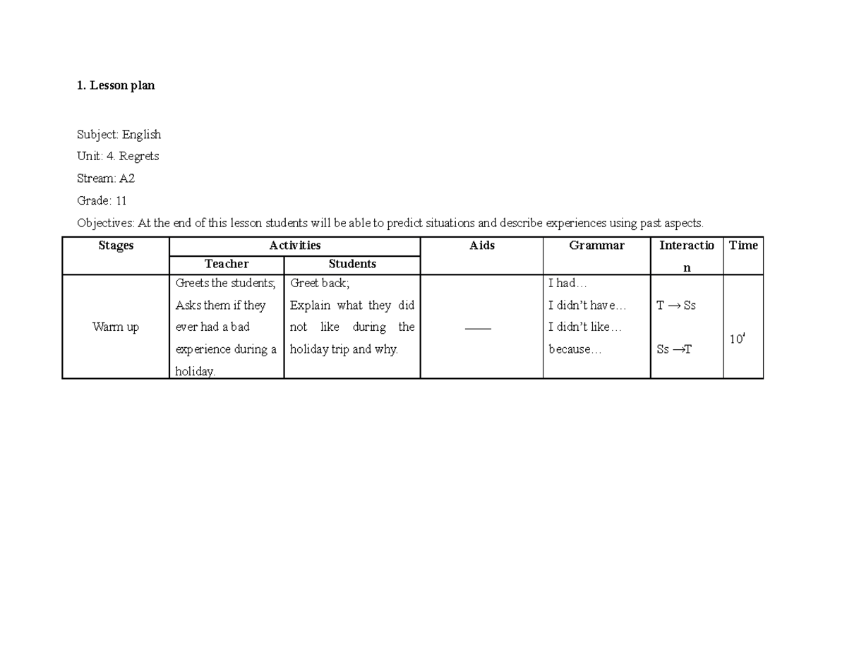 Lesson Plan Listening Lesson Plan Subject English Unit 4 Regrets
