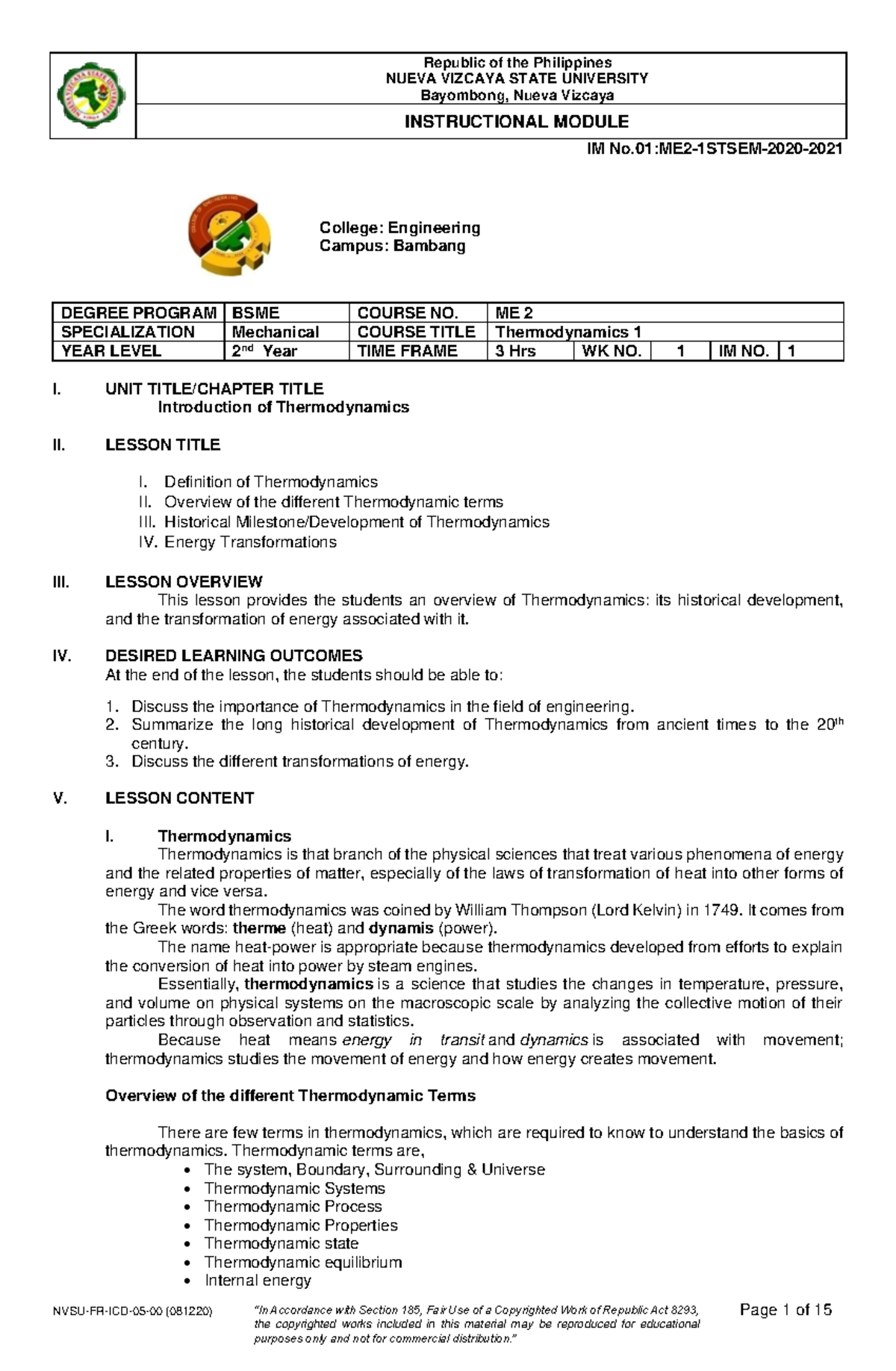 Thermodynamics 1 Module 1 NUEVA VIZCAYA STATE UNIVERSITY Bayombong
