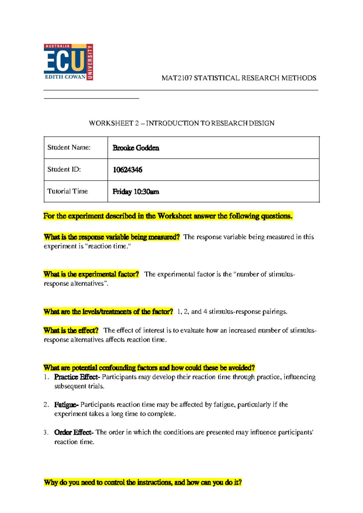 Stats Worksheet Week 2 - m90 ecu - MAT2107 STATISTICAL RESEARCH METHODS ...