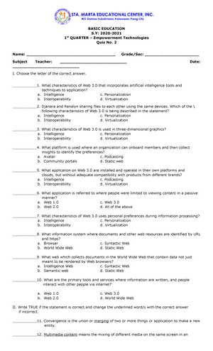 1st Quarter - Mapeh 6 QUIZ 1 - BASIC EDUCATION S: 2022- 1 St QUARTER ...