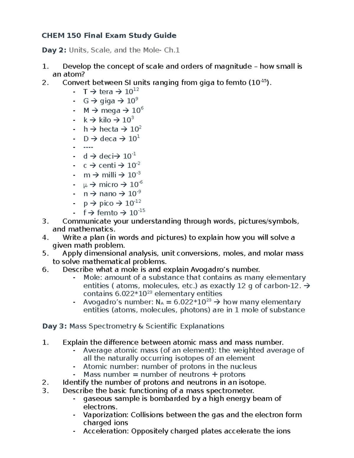 Chem 150 Final Study Guide CHEM 150 Final Exam Study Guide Day 2