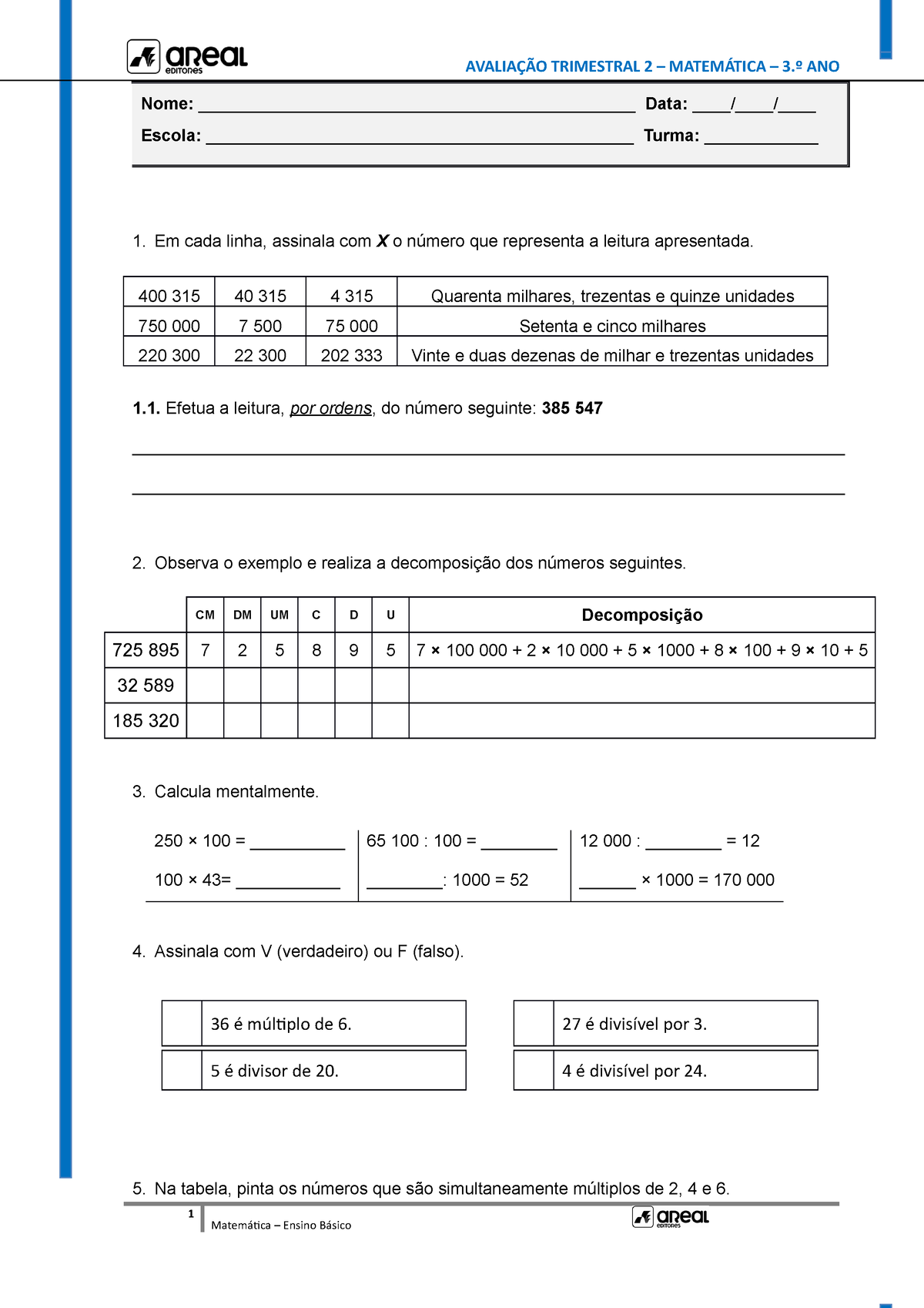 Matem Tica Ano Per Odo Em Cada Linha Assinala Com X O N Mero Que Representa A