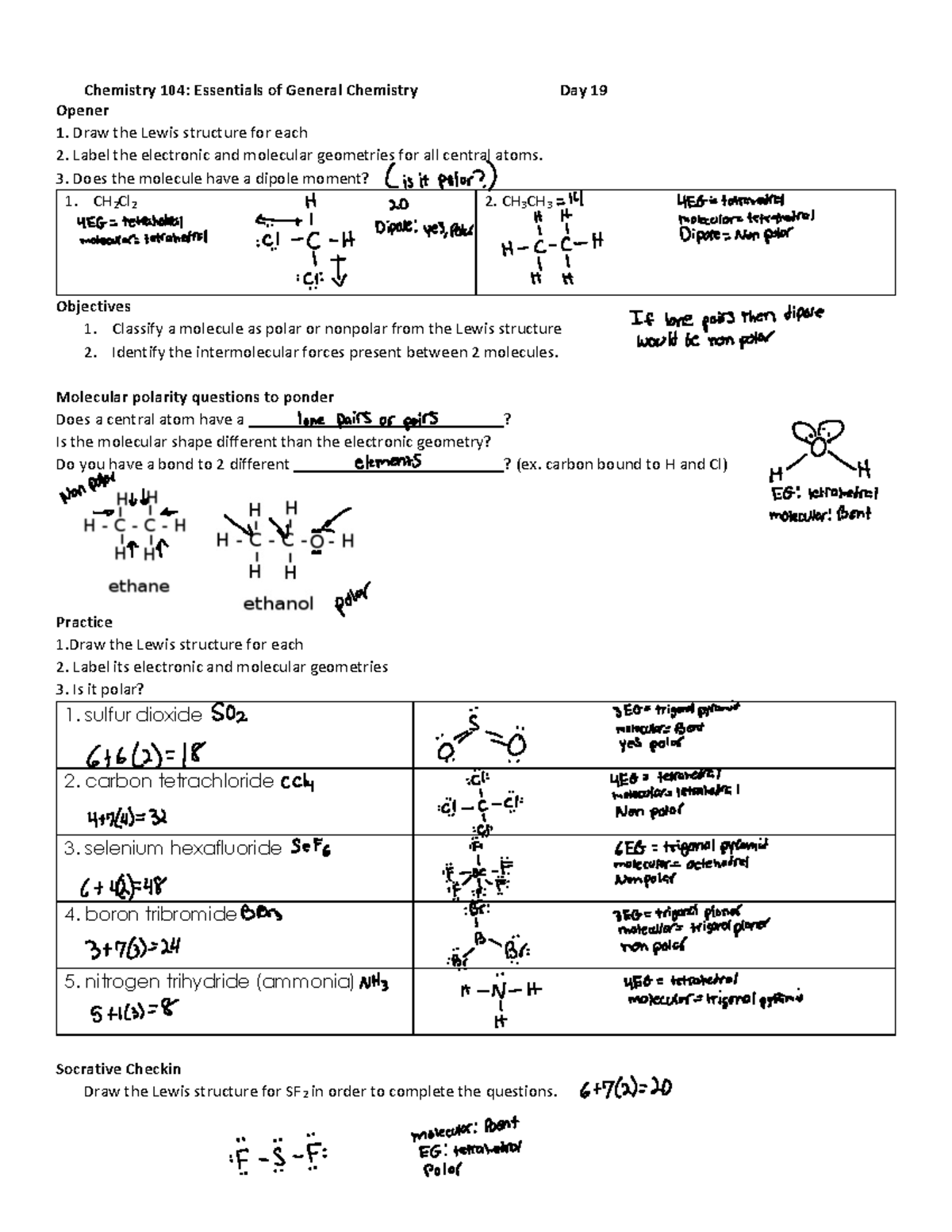 CHM 104 Day 19 - Lecture Notes/ Practice Problems For Chm 104 Wentzel's ...