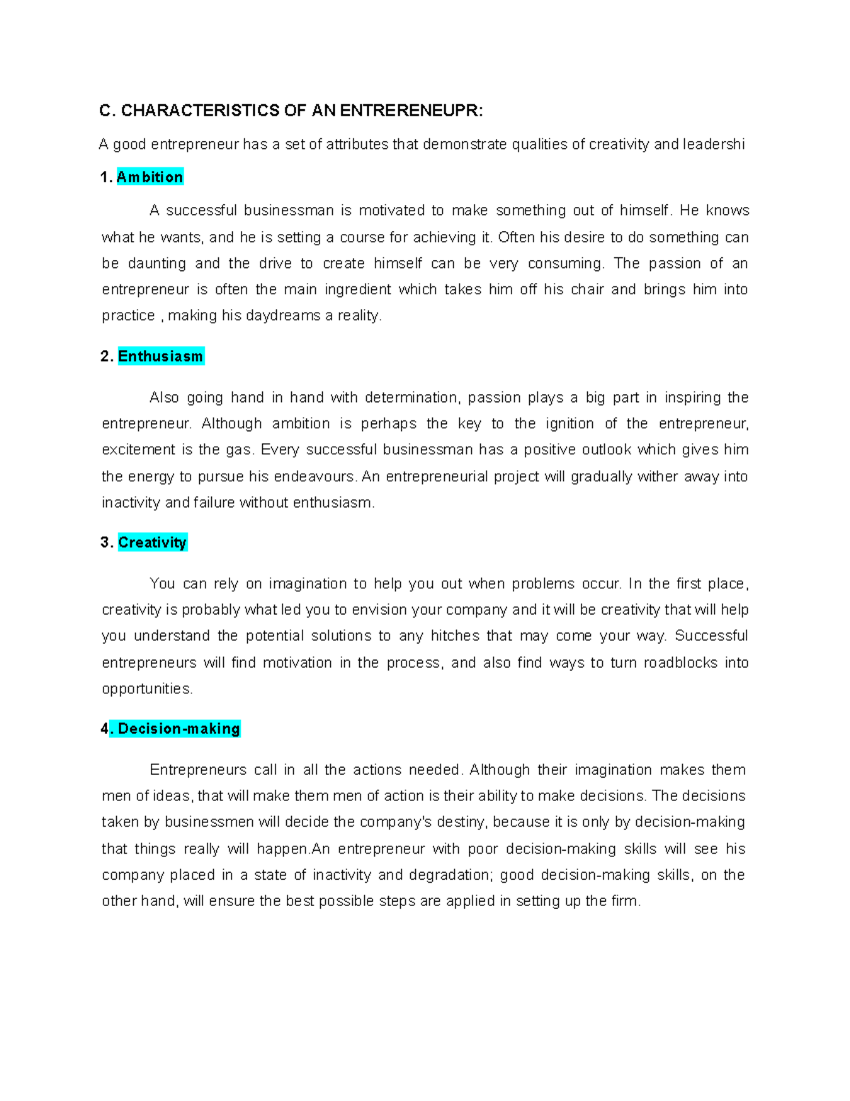 Characteristics of an Entrepreneur - C. CHARACTERISTICS OF AN ...