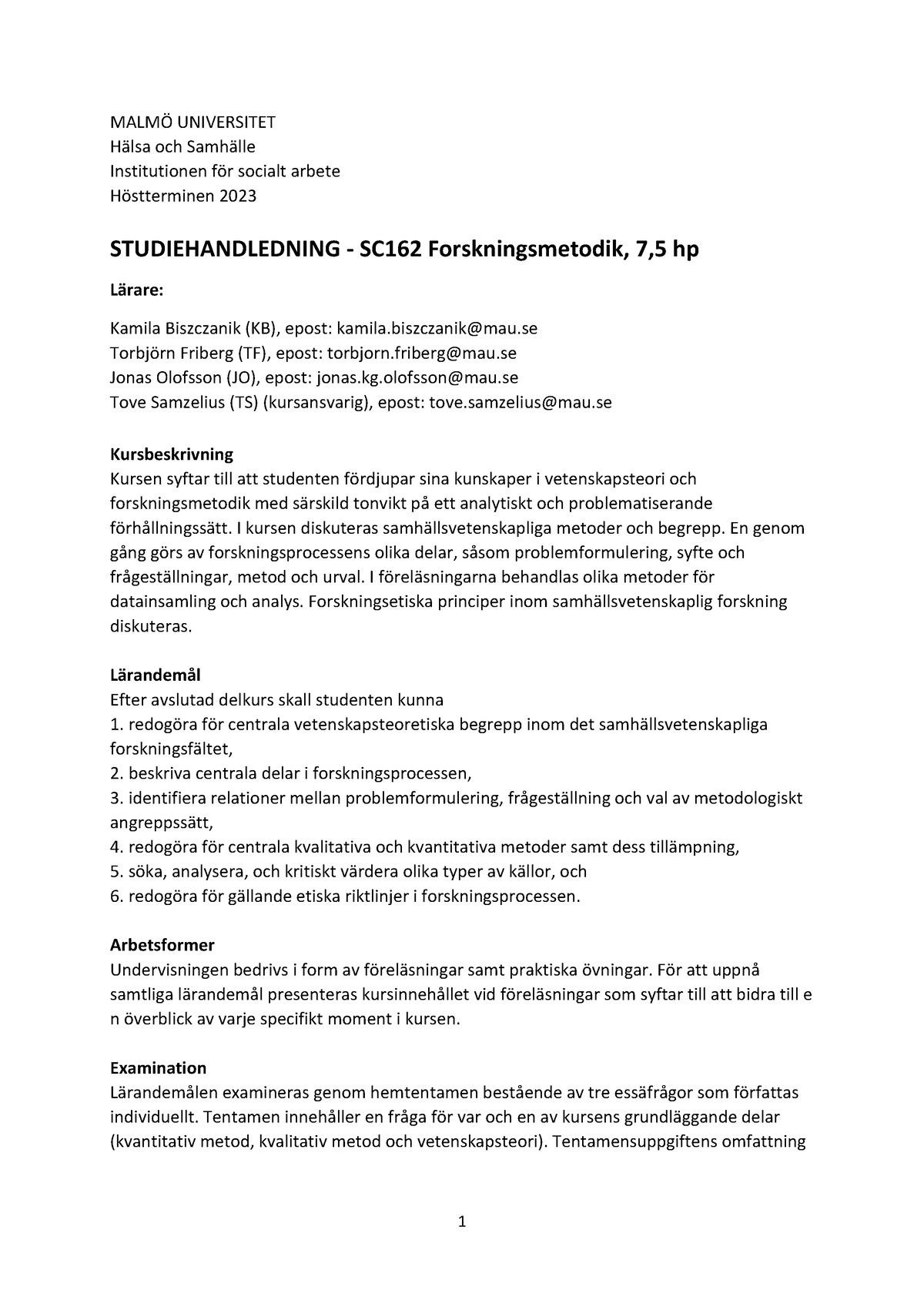 Studiehandledning.HT23.SC162 - MALMÖ UNIVERSITET Hälsa Och Samhälle ...