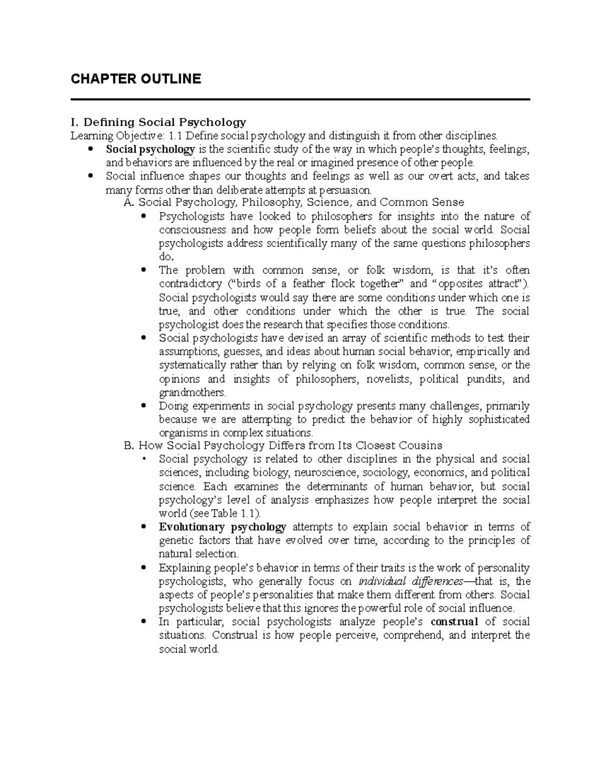 Chapter 1 outline - CHAPTER OUTLINE I. Defining Social Psychology ...