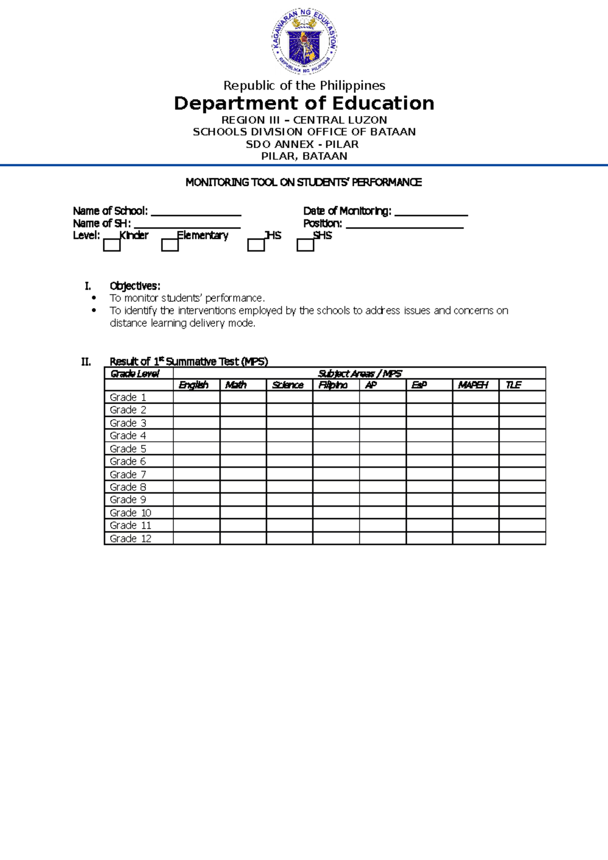 Monitoring-TOOL- District - Republic of the Philippines Department of ...