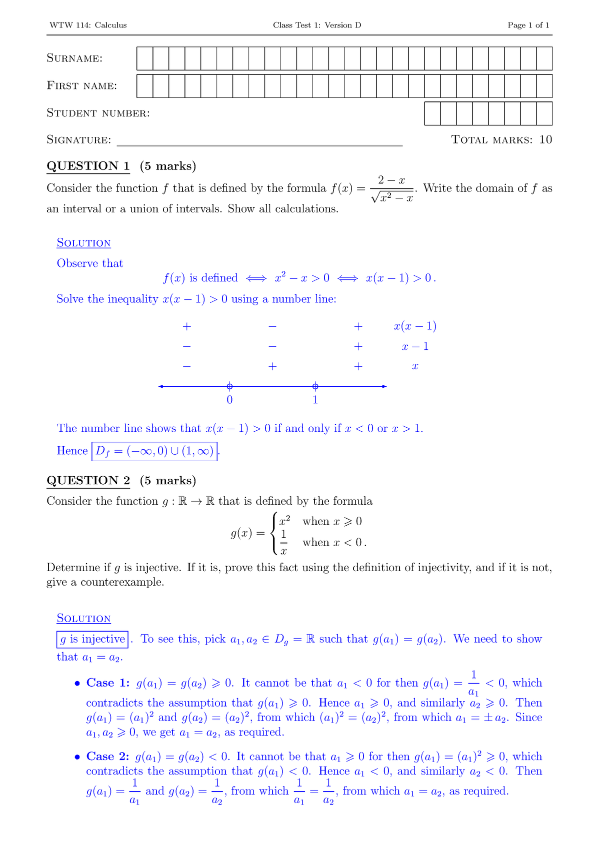 WTW 114 Class Test 1D (Solutions) - WTW 114: Calculus Class Test 1 ...