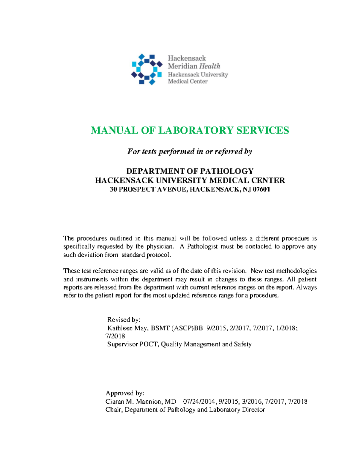 GeneralLaboratoryManual MANUAL OF LABORATORY SERVICES For tests