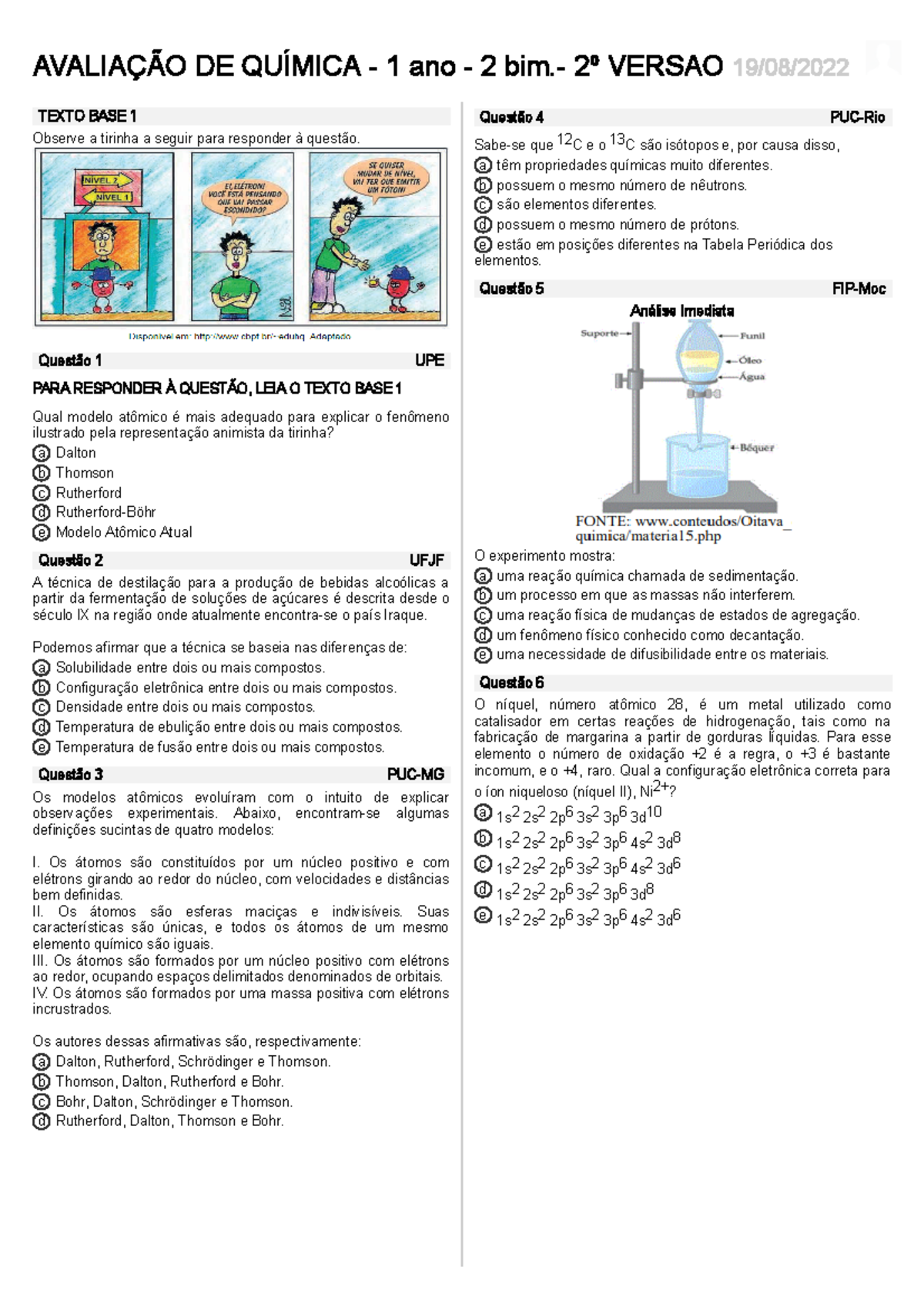Avaliacao de quimica 1 ano 2 bim. 2 versao - AVALIAÇÃO DE QUÍMICA - 1 ...