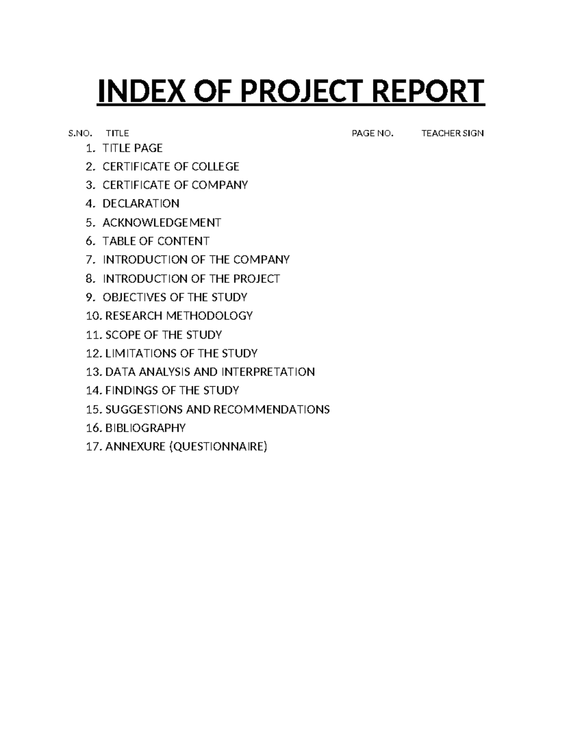 Index OF Project Report - INDEX OF PROJECT REPORT S. TITLE PAGE NO ...