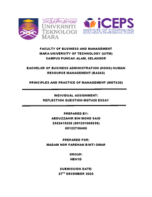Description OF Assessment MGT420 October 2022 - MGT PRINCIPLES AND ...