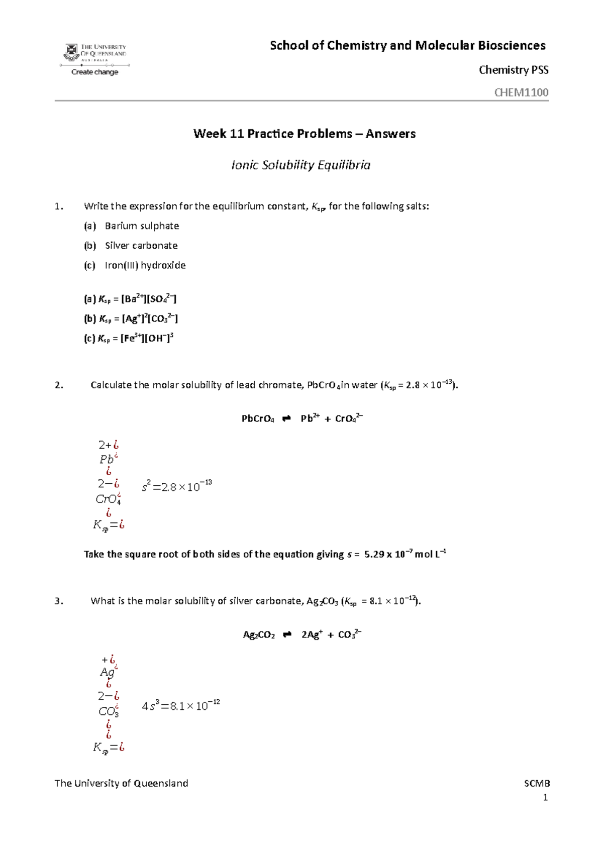 CHEM1100 Week 11 PSS Worksheet - Answers - Chemistry PSS CHEM Week 11 ...