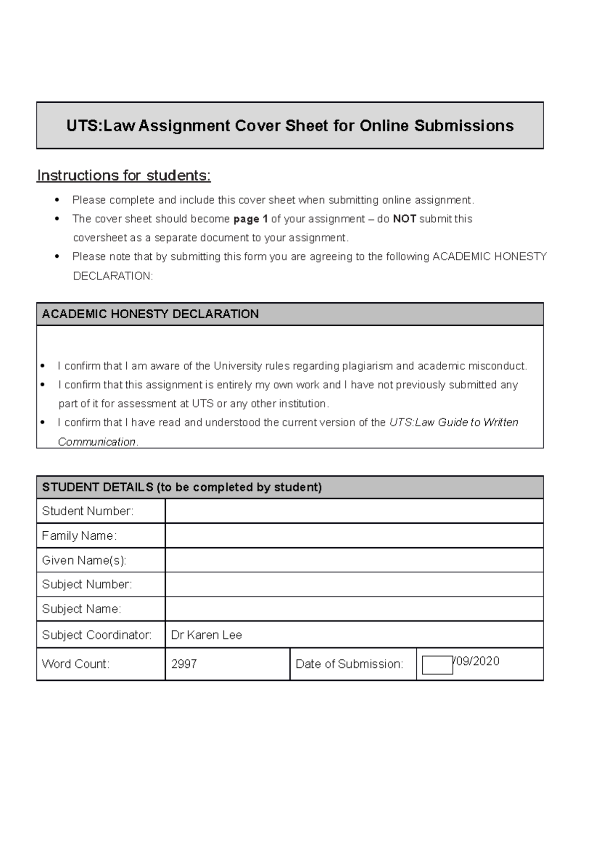 uts law assignment cover sheet for online submissions