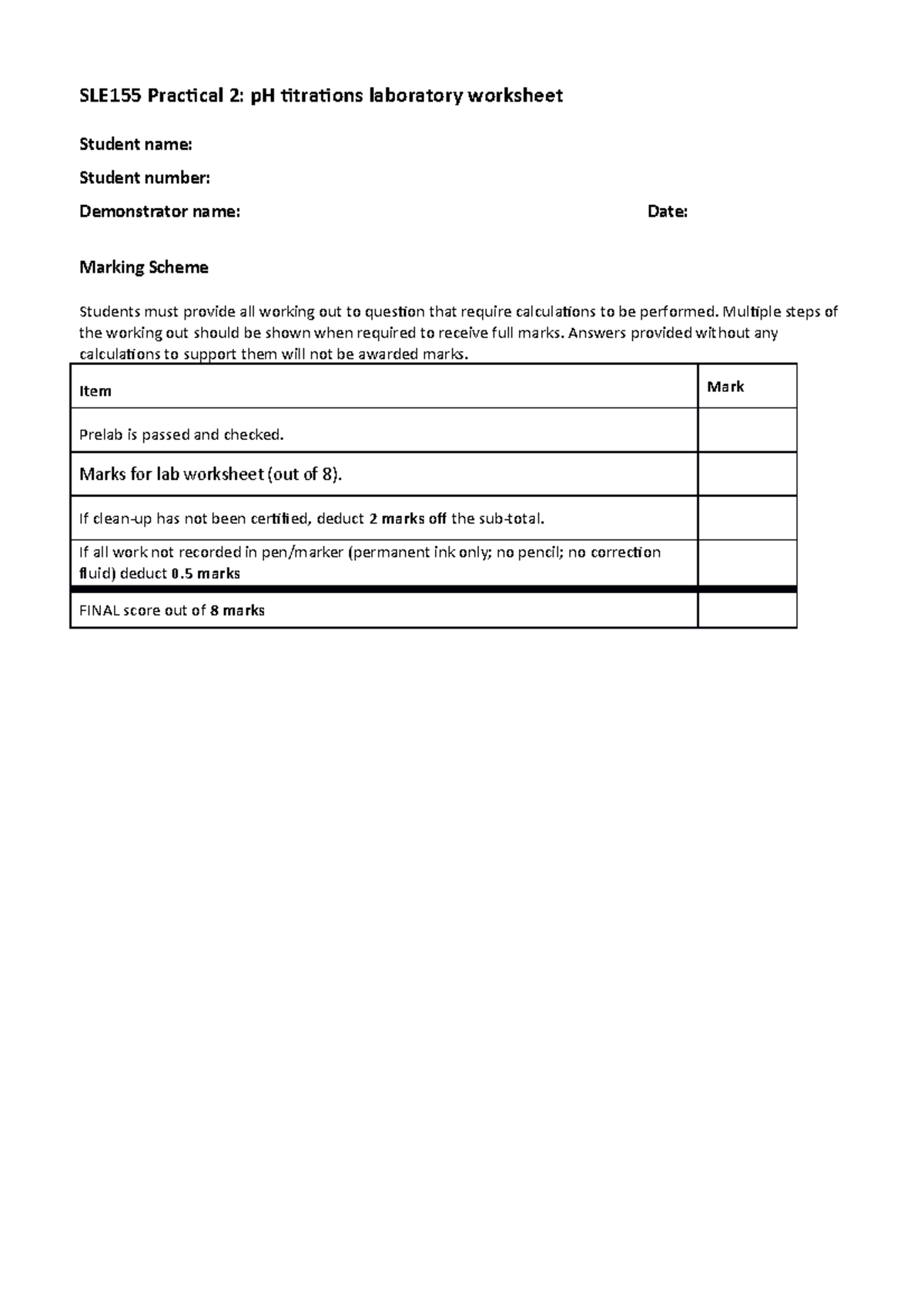 SLE155Experiment 2 titration worksheet 100622 JLA SLE155 Practical 2 pH titrations laboratory