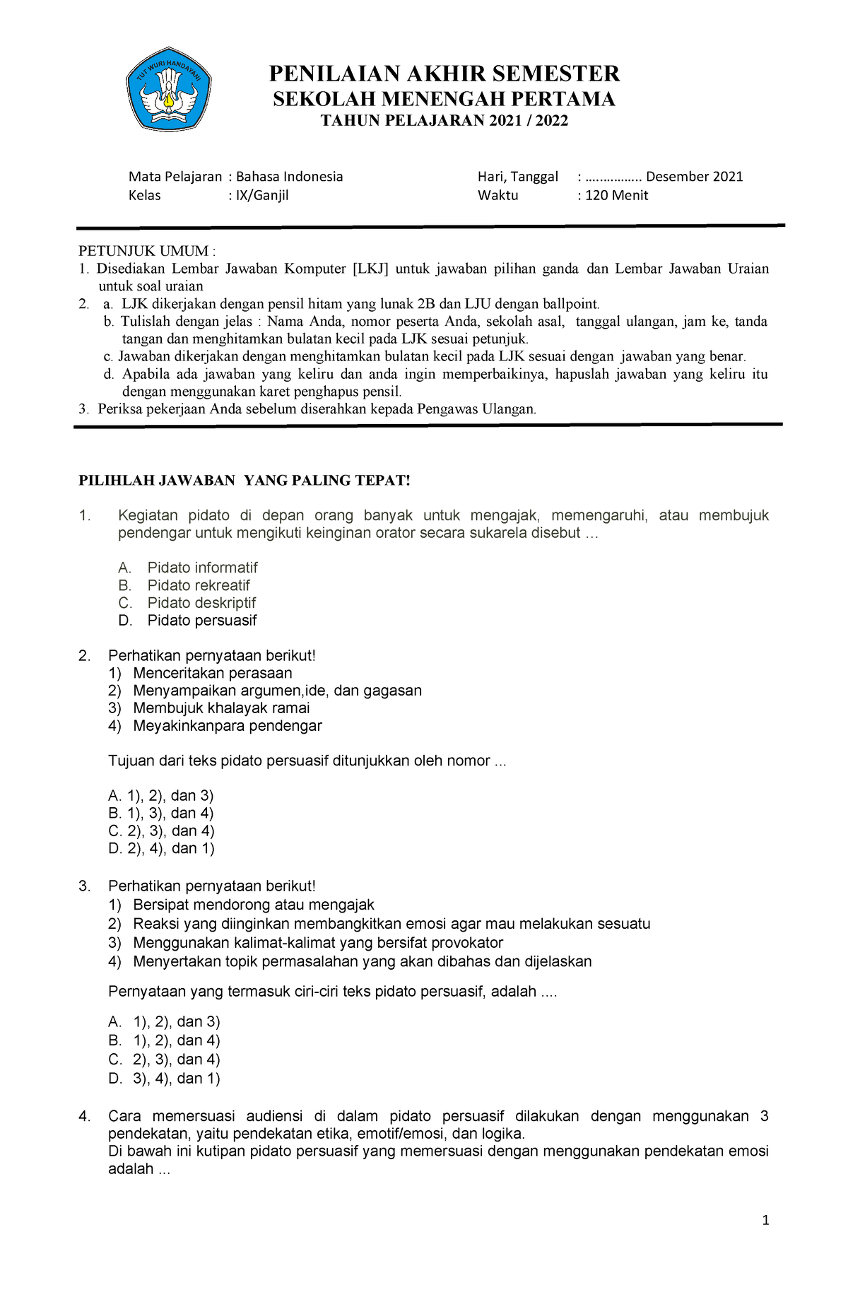 540614853 Soal Pas Ganjil B Indonesia Kelas 9 - PENILAIAN AKHIR ...