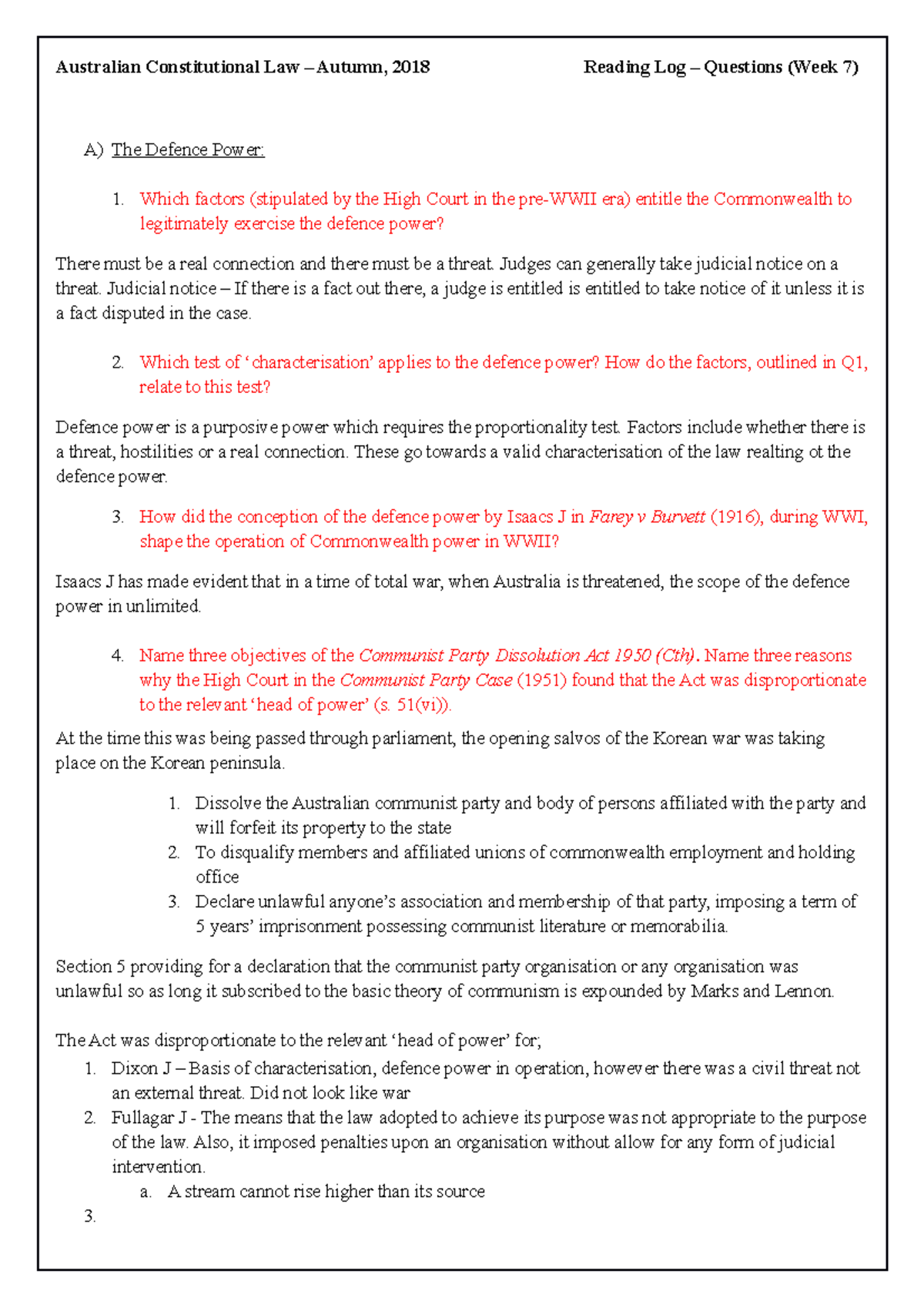 Defence Power - reading log - Australian Constitutional Law – Autumn ...