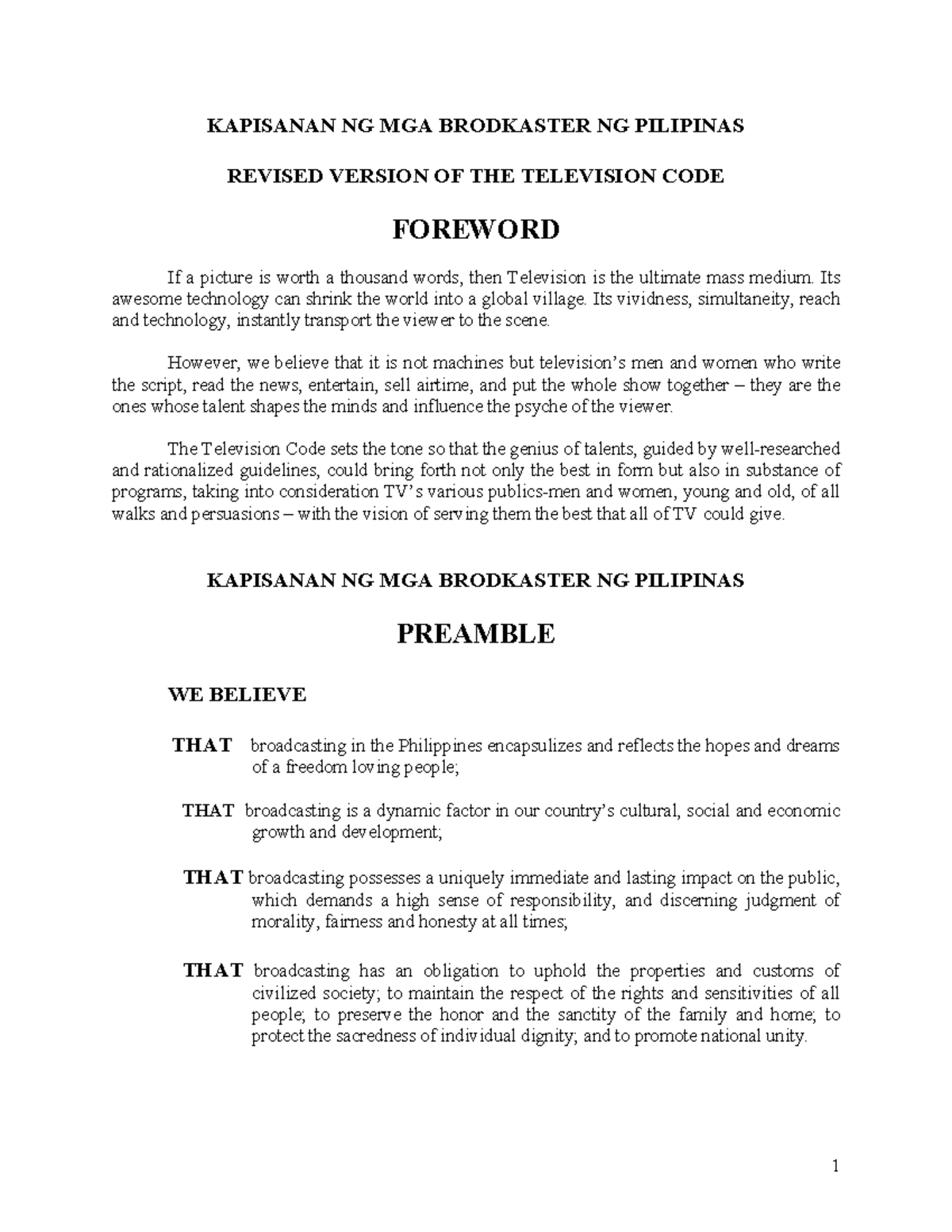KBP Television Code - N/A - KAPISANAN NG MGA BRODKASTER NG PILIPINAS ...