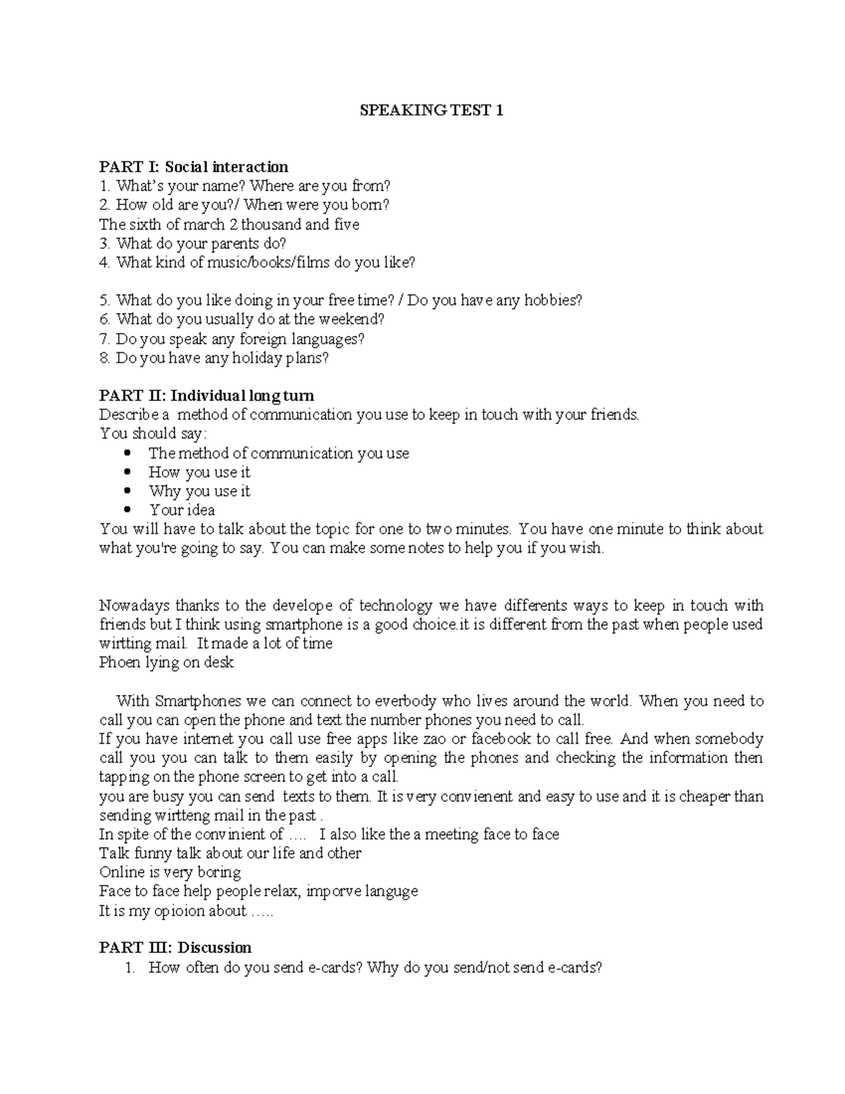 Speaking TEST ANH 1 - Copy - SPEAKING TEST 1 PART I: Social interaction ...