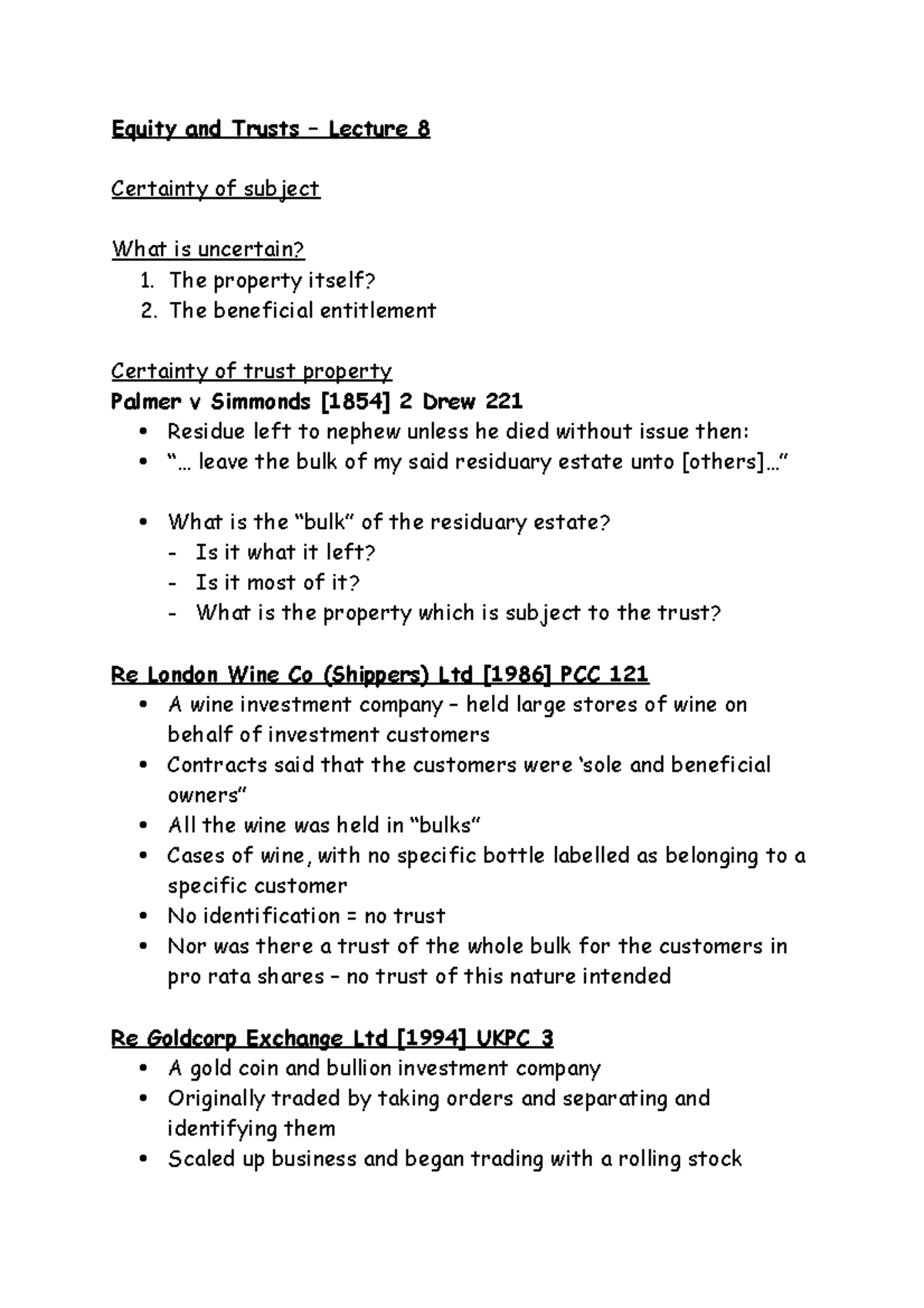 Week 8 Lecture - Equity and Trusts – Lecture 8 Certainty of subject ...