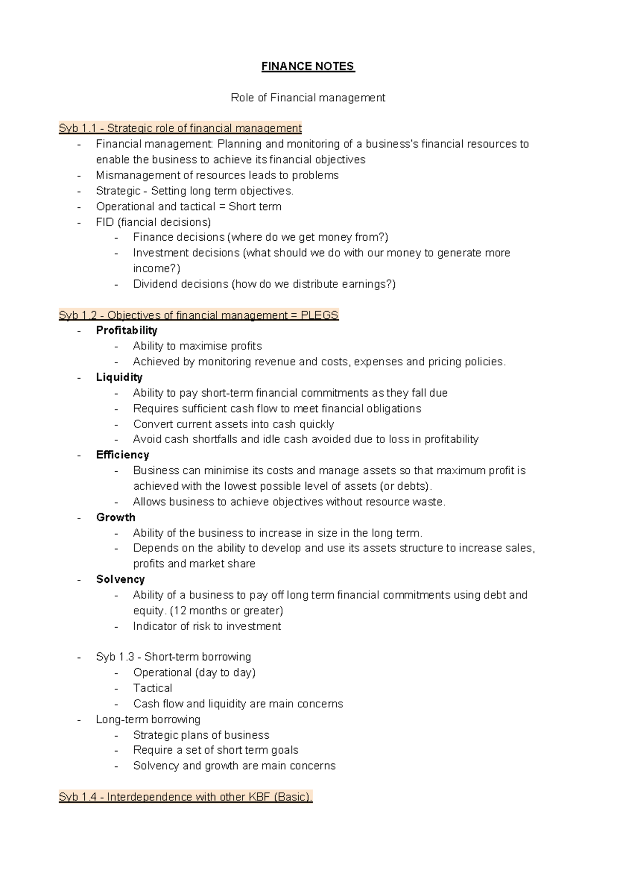 Finance - FINANCE NOTES Role of Financial management Syb 1 - Strategic ...