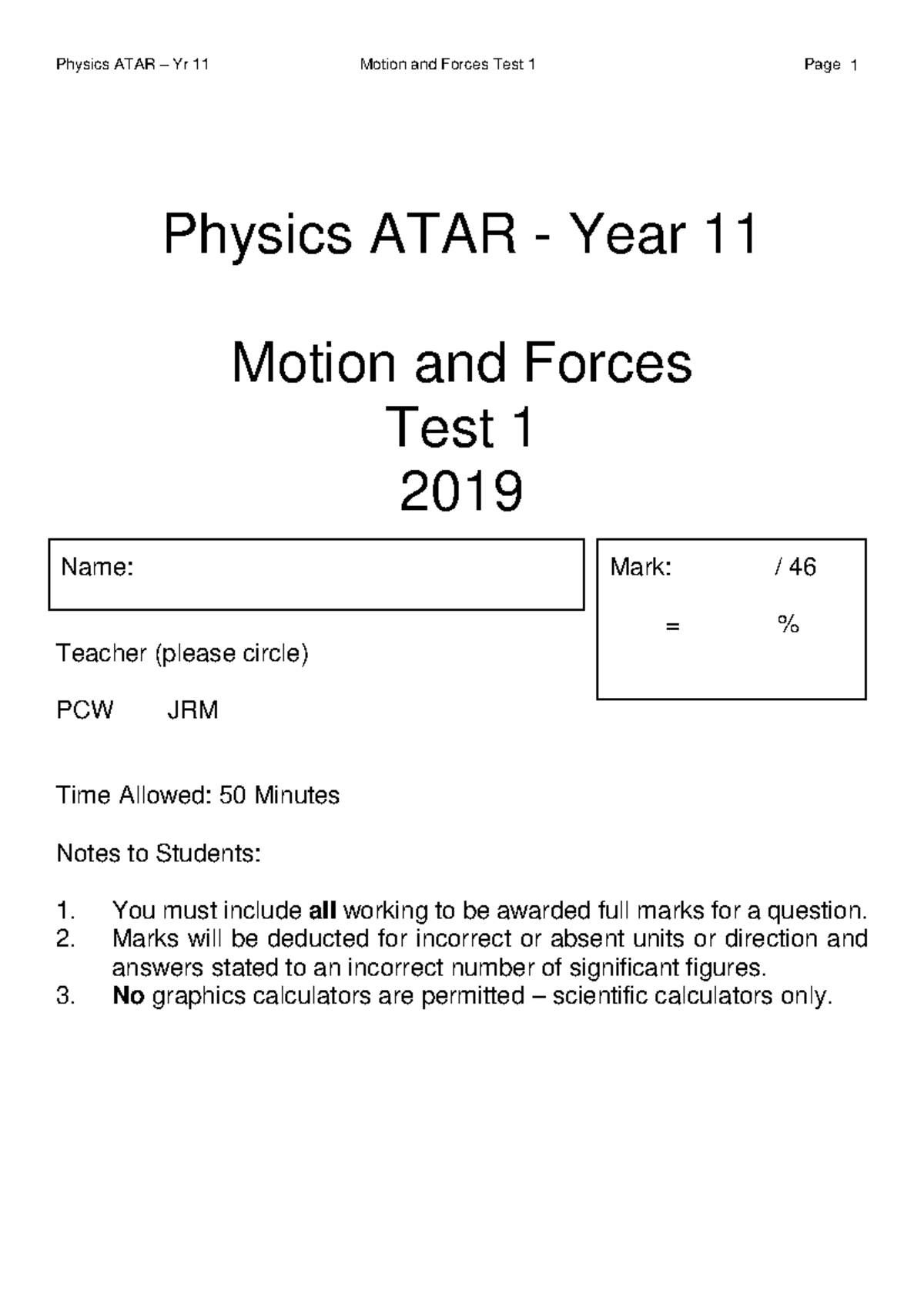 Yr 11 Motion Test 1 2019-S - Physics ATAR - Year 11 Motion and Forces ...