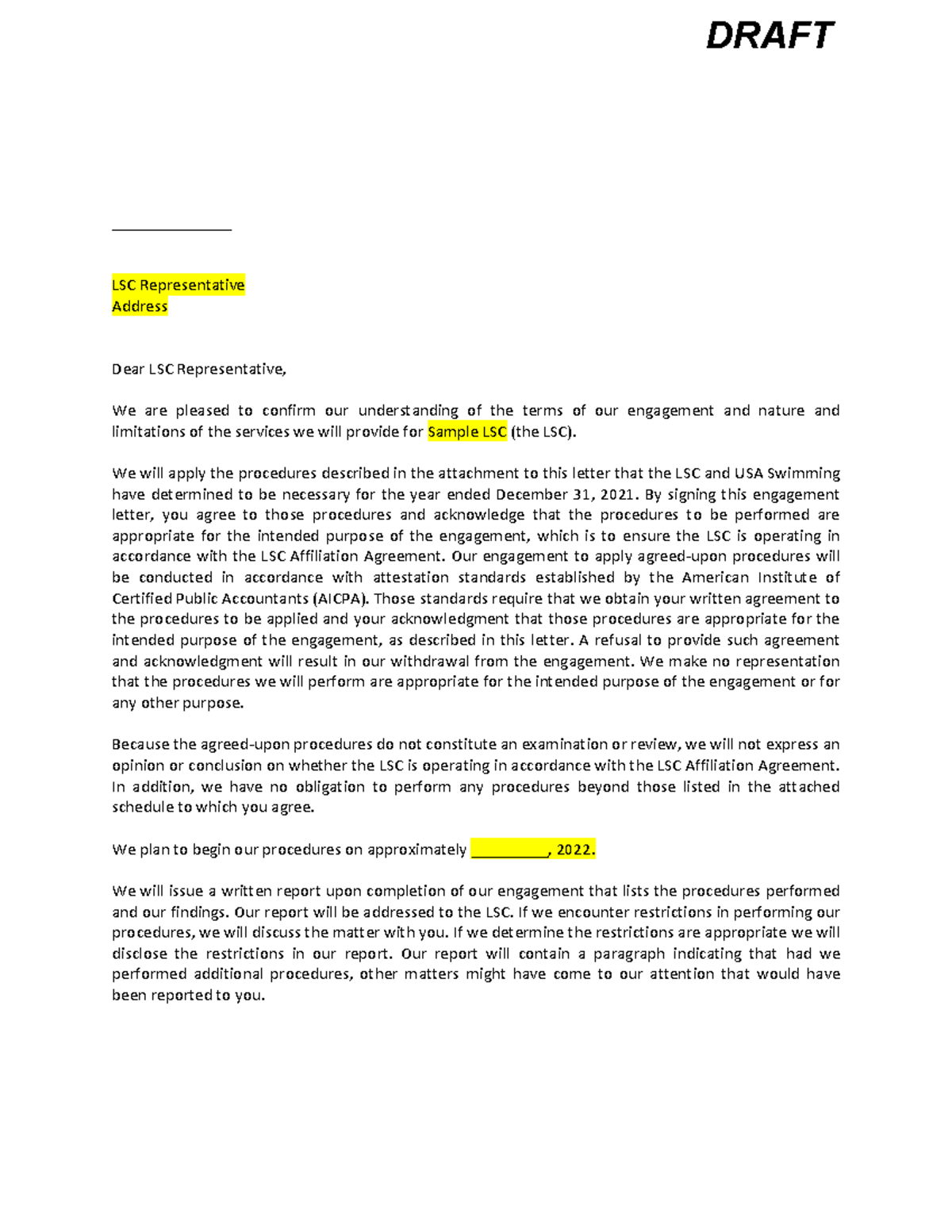 Engagement letter draft lsc aup - ______________ LSC Representative ...