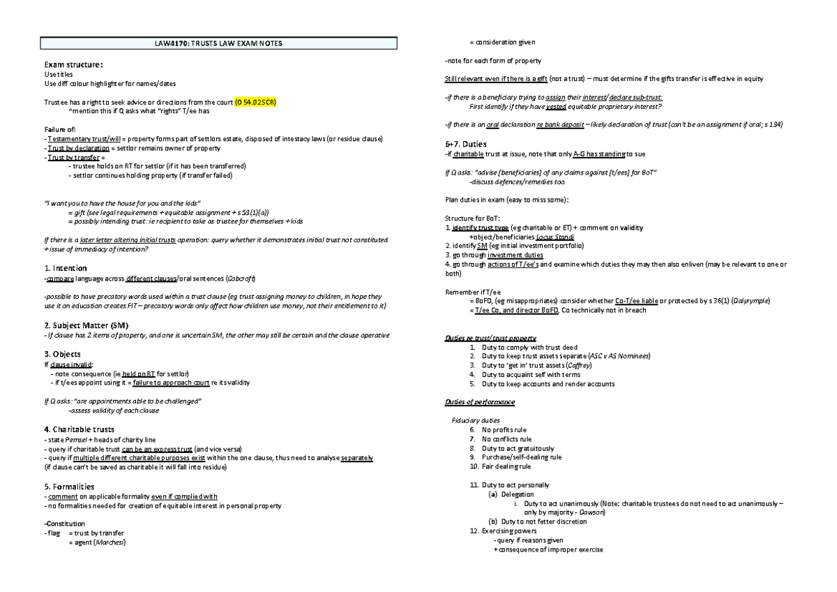 Trusts exam notes - really good - LAW4170: TRUSTS LAW EXAM NOTES Exam ...