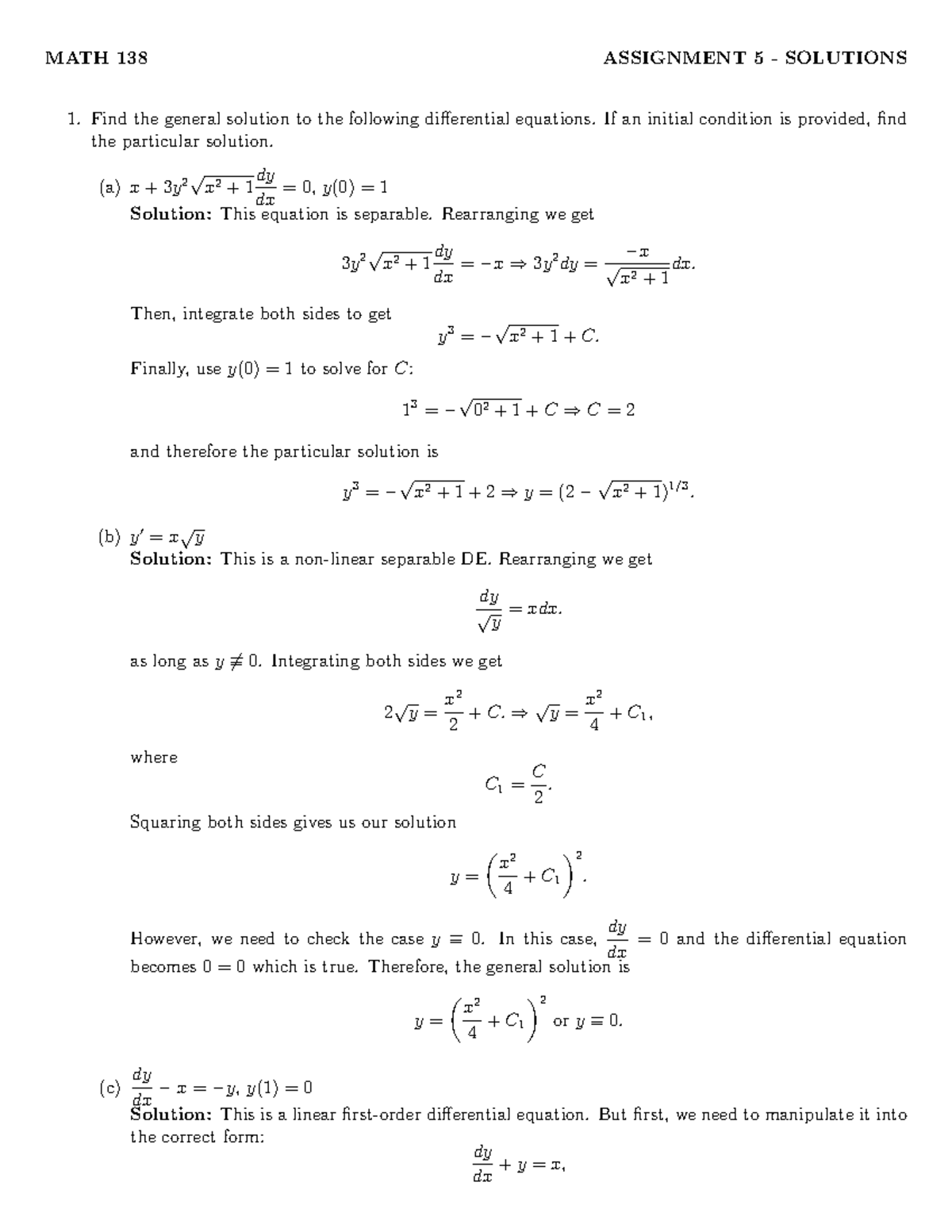 Assign 5-138 - W17- Solutions - MATH 138 ASSIGNMENT 5 - SOLUTIONS Find ...