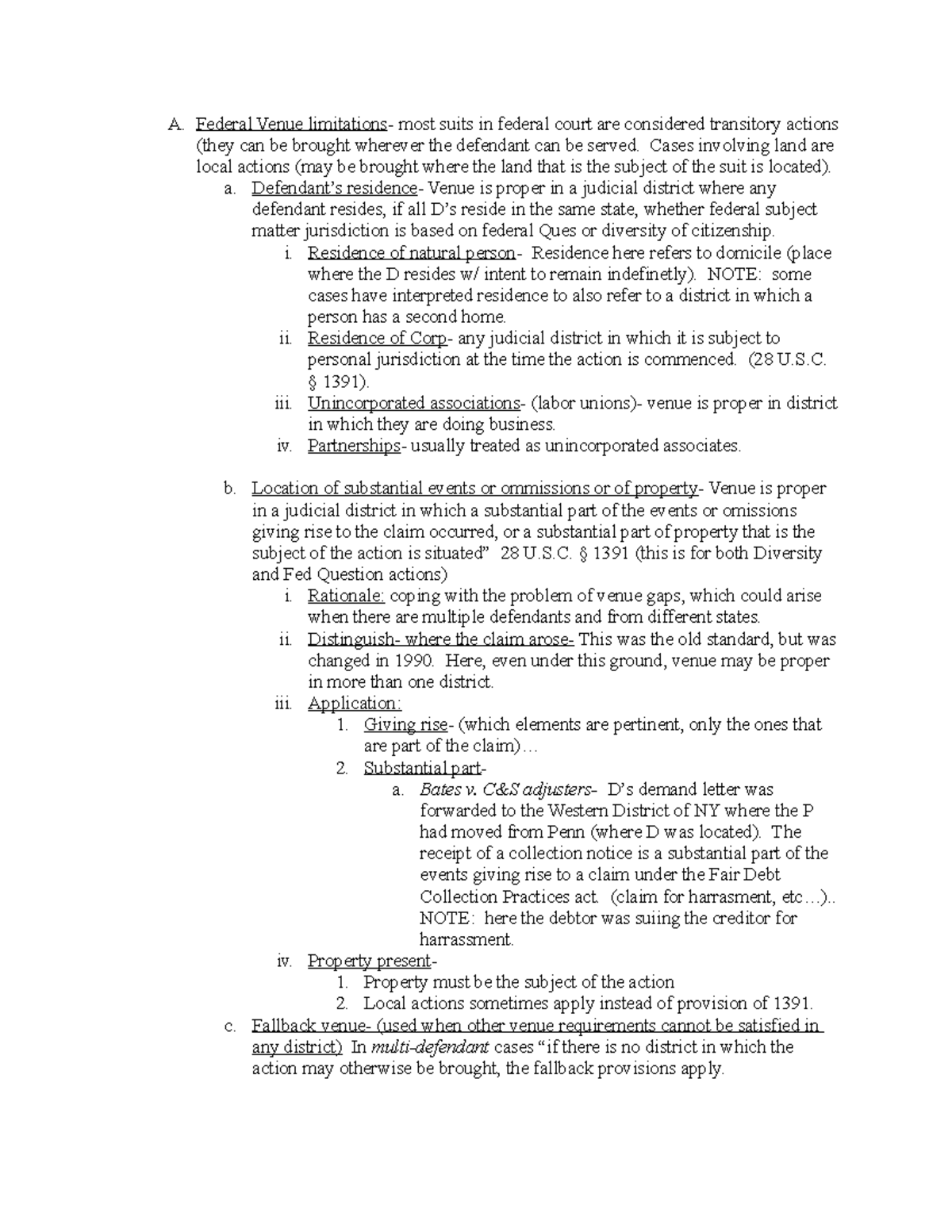 Civil Procedure Prof Hahn A. Federal Venue limitations most suits