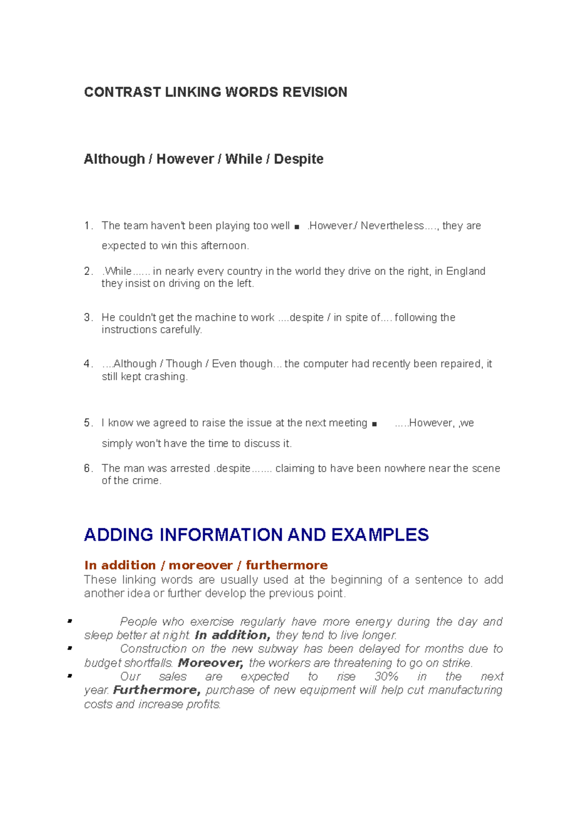 linking words english CONTRAST LINKING WORDS REVISION