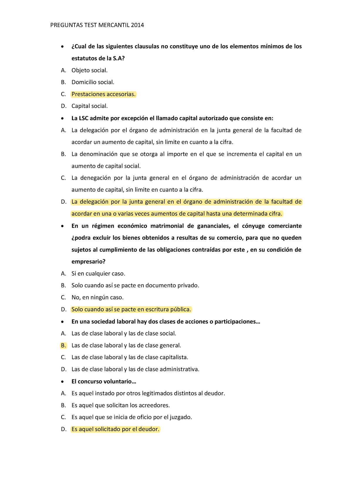 Cuestionario Test 2014 Mercantil Corregido - øcual De Las Siguientes 