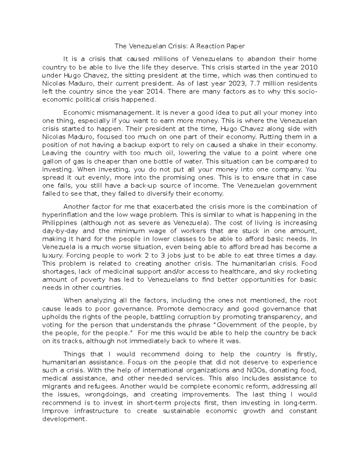 Output 1 The Venezuelan Crisis-A Reaction Paper - The Venezuelan Crisis ...