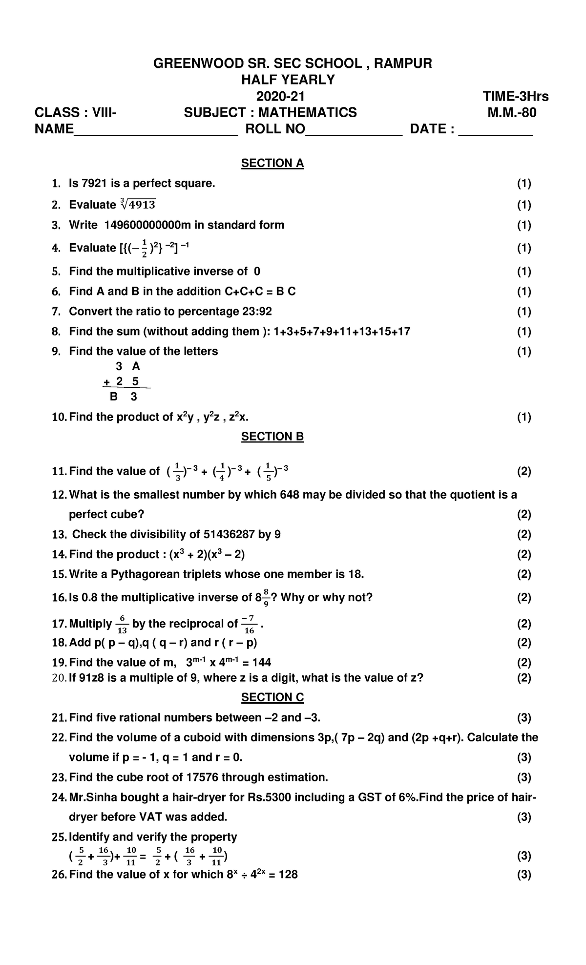 Maths HALF Yearly 2020 Class 8 - GREENWOOD SR. SEC SCHOOL , RAMPUR HALF ...