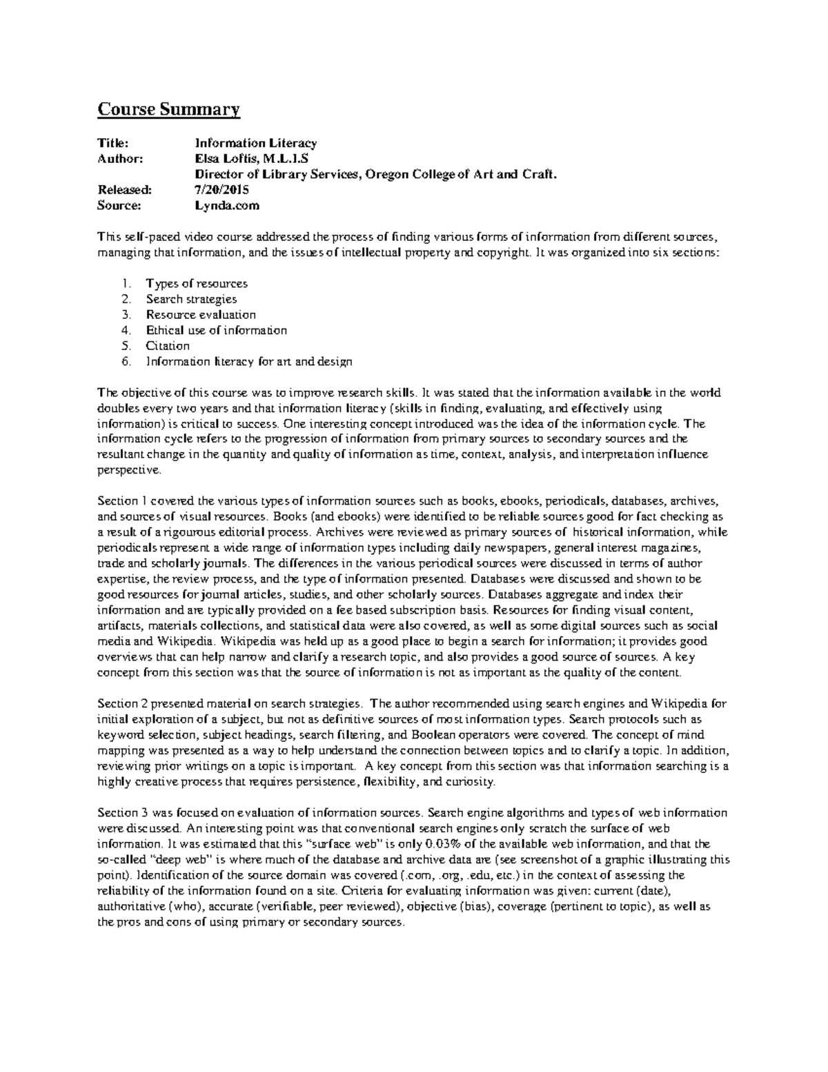 Option A - Lynda Course Summary Assignment - Course Summary Title ...
