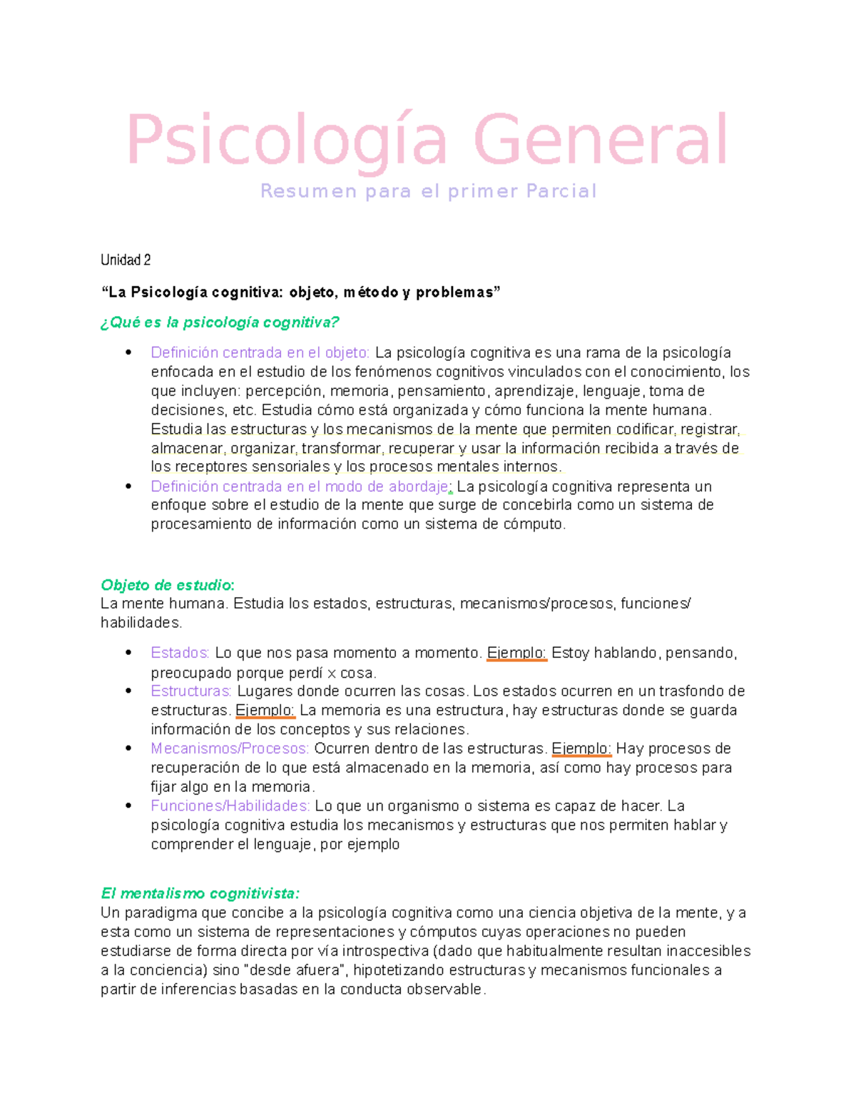 Resumen Psicología General, Primer Parcial - Psicología General - UBA ...