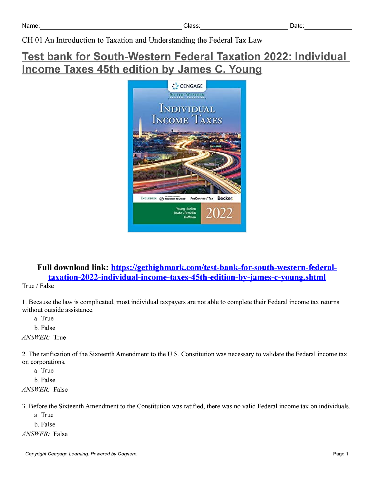 Test bank for SouthWestern Federal Taxation 2022 Individual