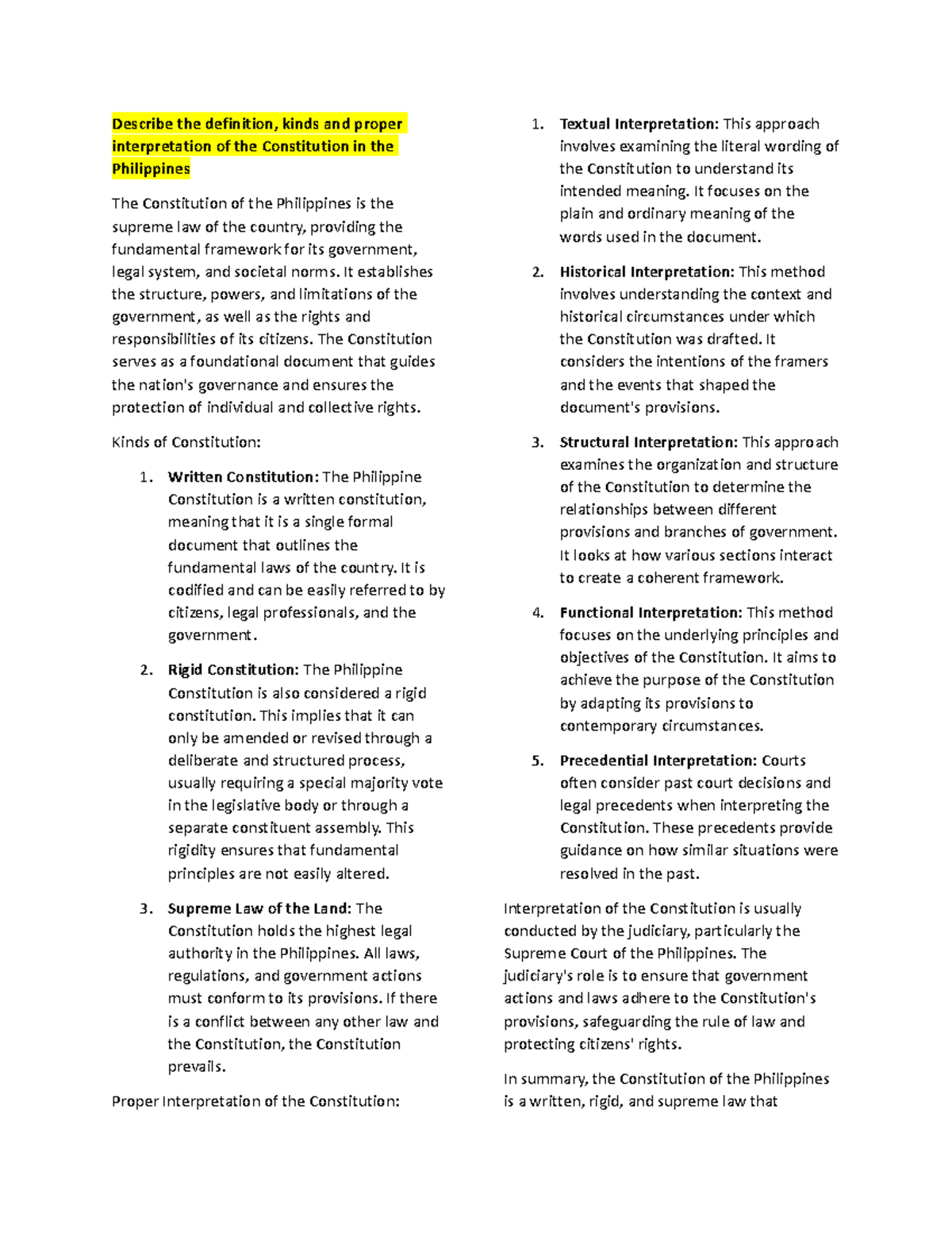 ICL 4 intro to constitutional law Describe the definition, kinds