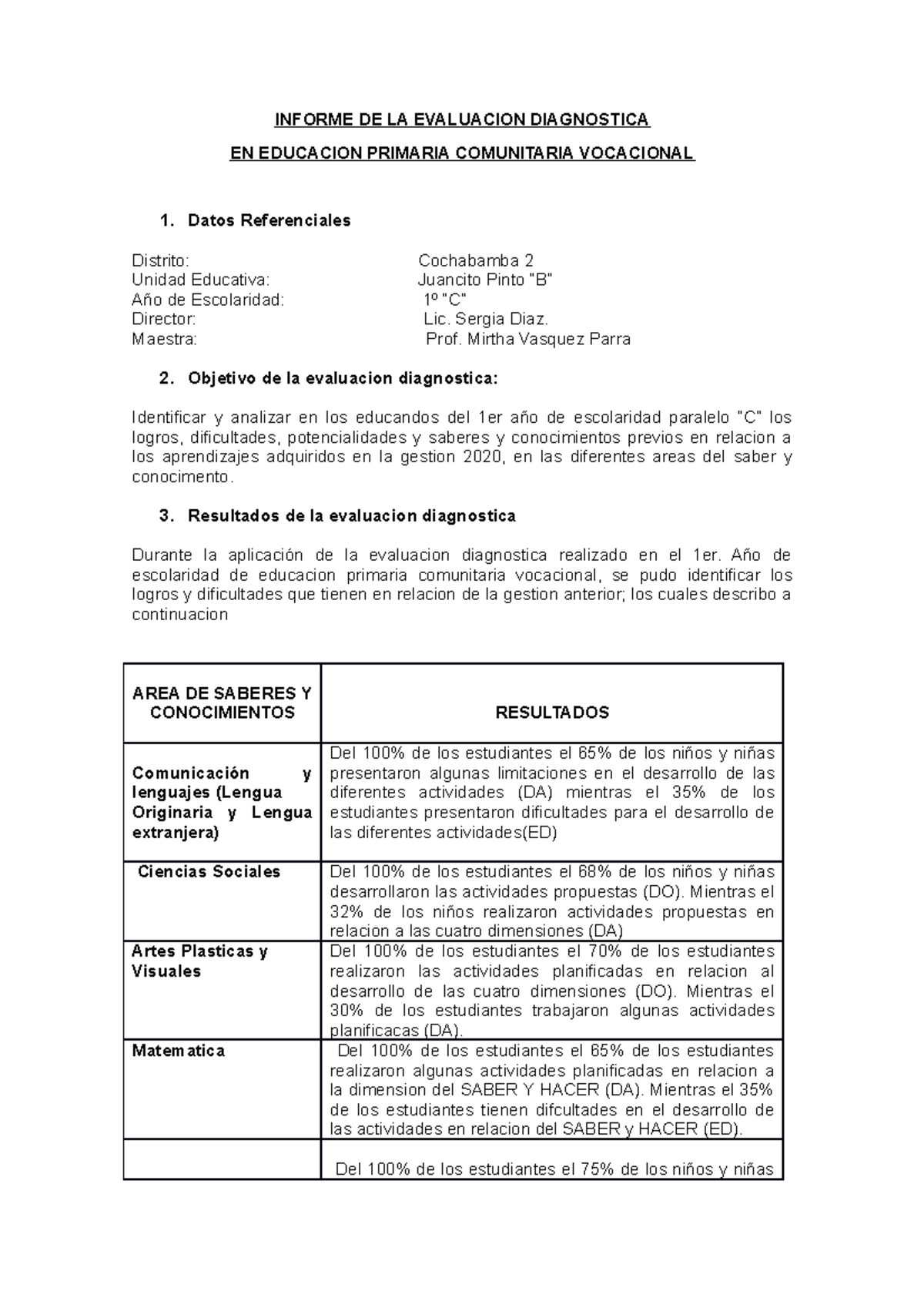 Informe DE LA Evaluacion Diagnostica 2020 - INFORME DE LA EVALUACION  DIAGNOSTICA EN EDUCACION - Studocu