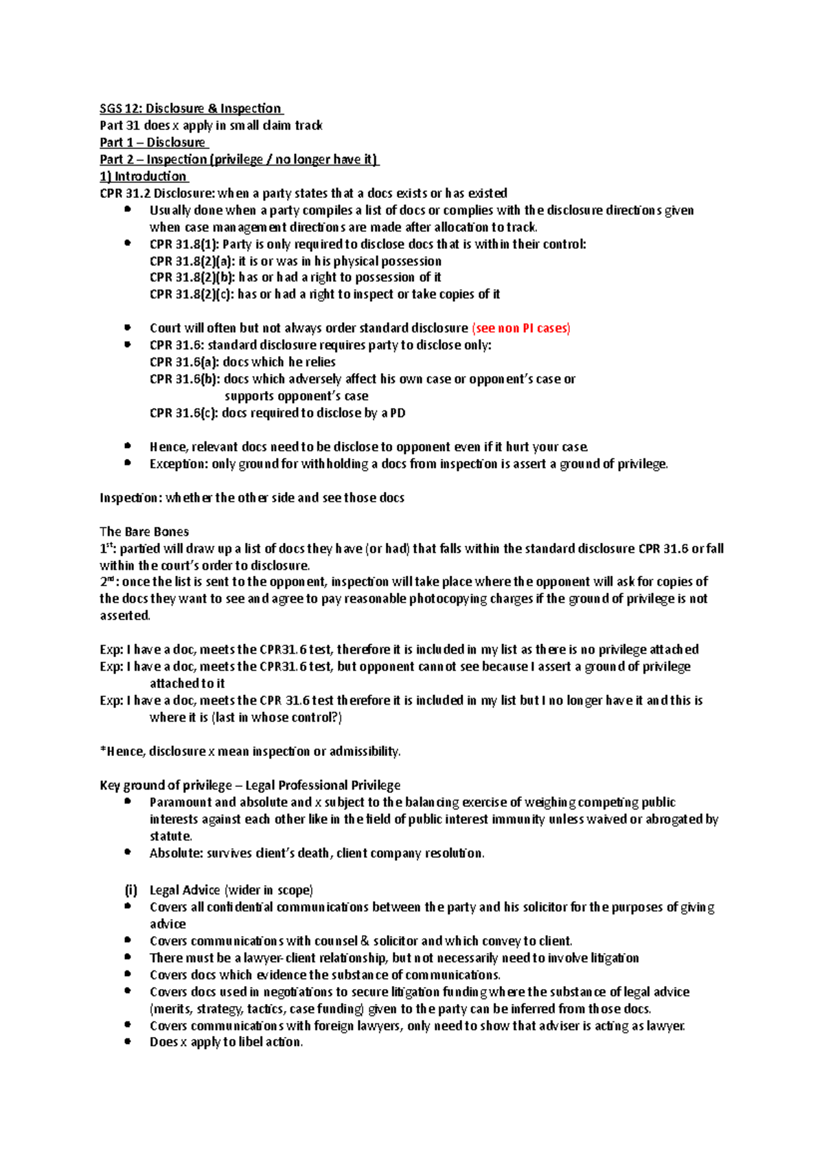 Notes - Disclosure - SGS 12: Disclosure & Inspection Part 31 does x ...