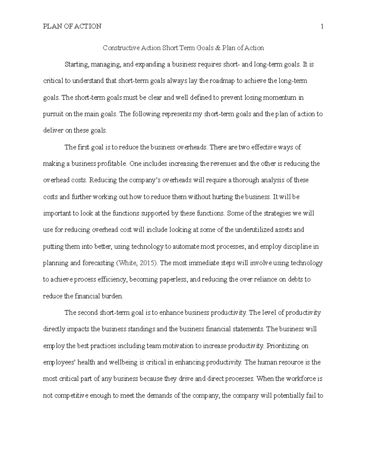 Constructive Action Short Term Goals & Plan of Action - PLAN OF ACTION ...