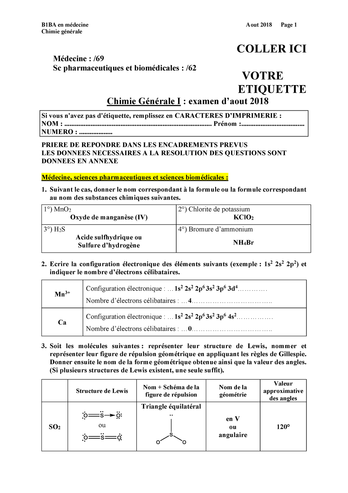 Correctif Examen Aout 2018 - Chimie Générale COLLER ICI VOTRE ETIQUETTE ...