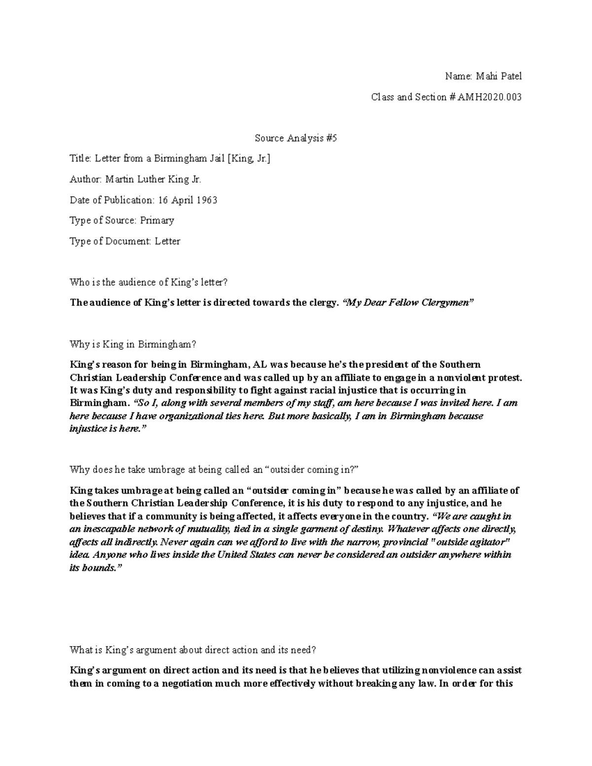 MLK Source Analysis - Name: Mahi Patel Class and Section # AMH2020 ...